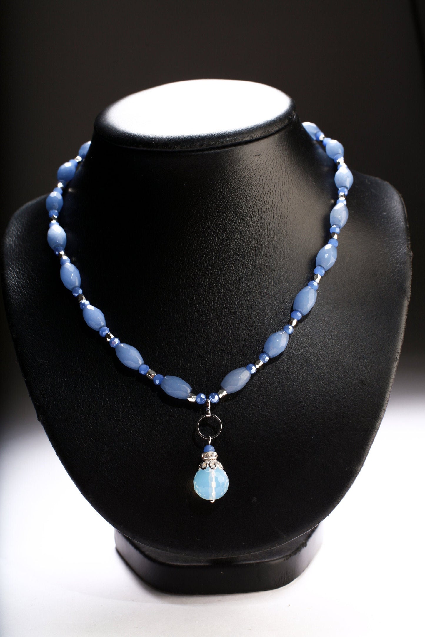 Blue Quartz Faceted Oval accent with Stunning Opalite pendant 18" Gemstones Necklace