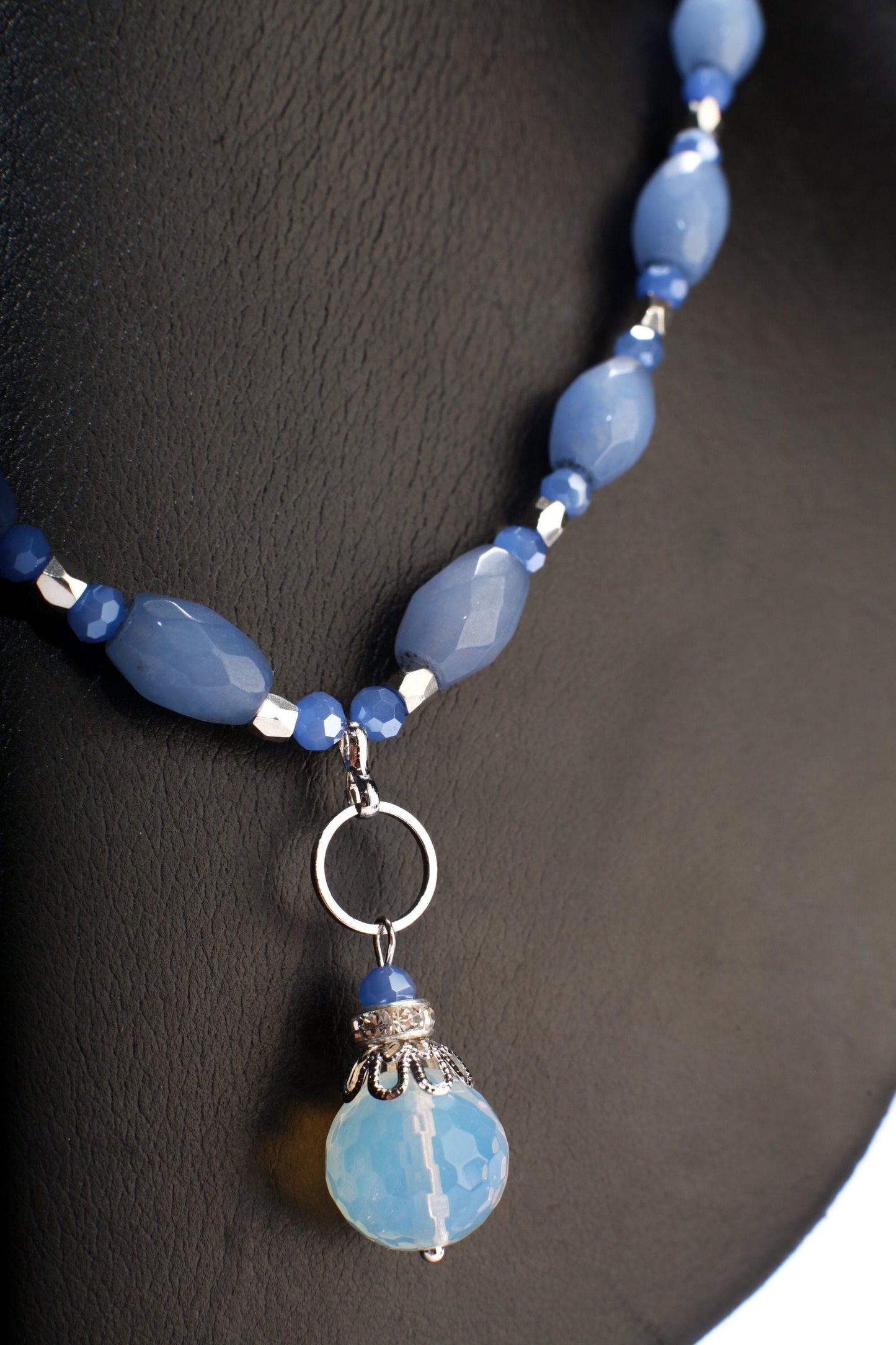 Blue Quartz Faceted Oval accent with Stunning Opalite pendant 18" Gemstones Necklace