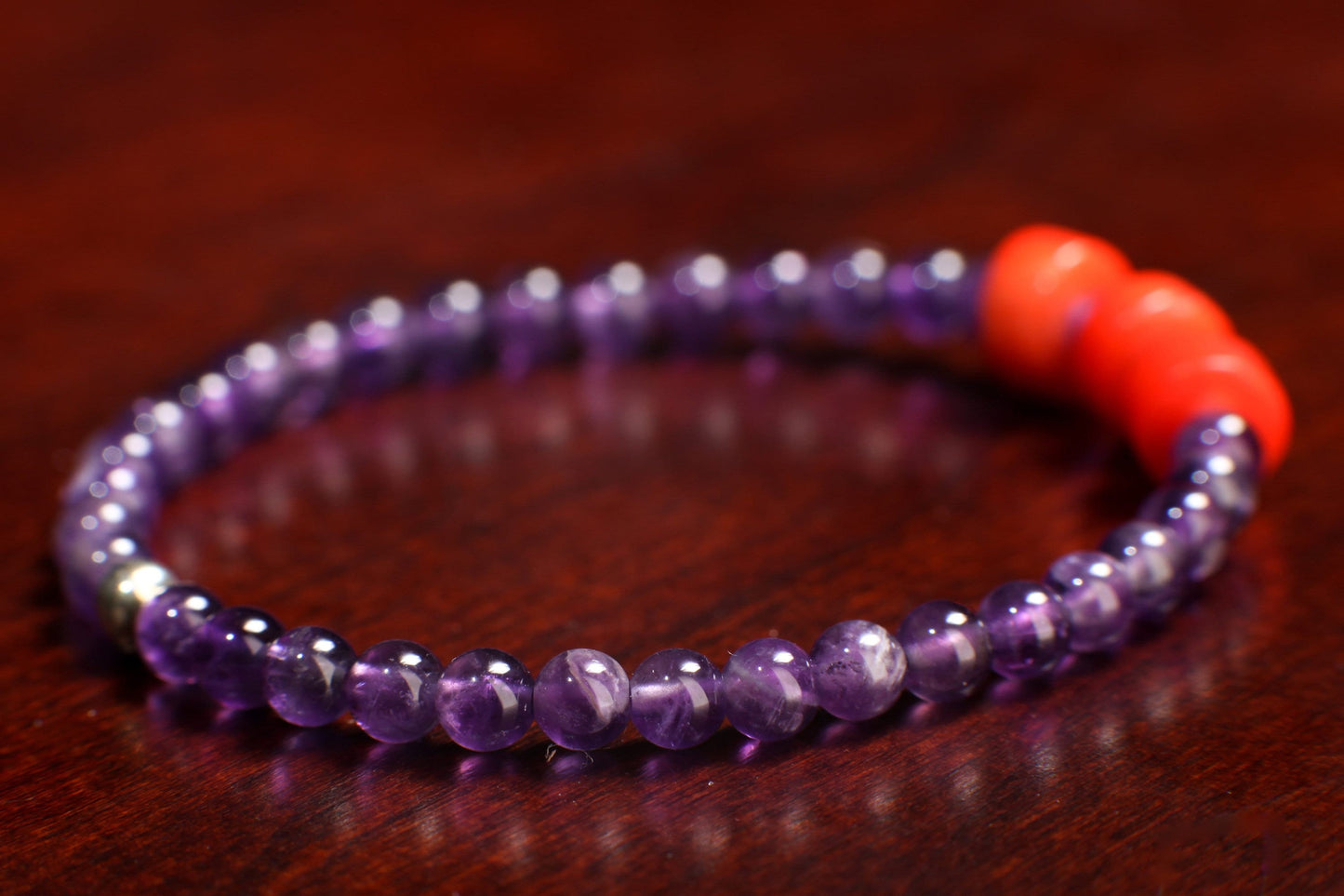 Natural Amethyst Round 4mm with Coral Heishe 8mm Gemstone Bracelet, healing Crystal yoga Energy Stretchy Soothing Bracelet Gift