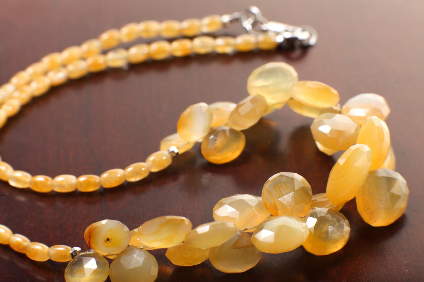 Yellow Chalcedony Necklace, Natural Yellow Chalcedony Faceted Graduated Heart Briolette Teardrop, Matching Ambronite Rice Oval 20" Necklace