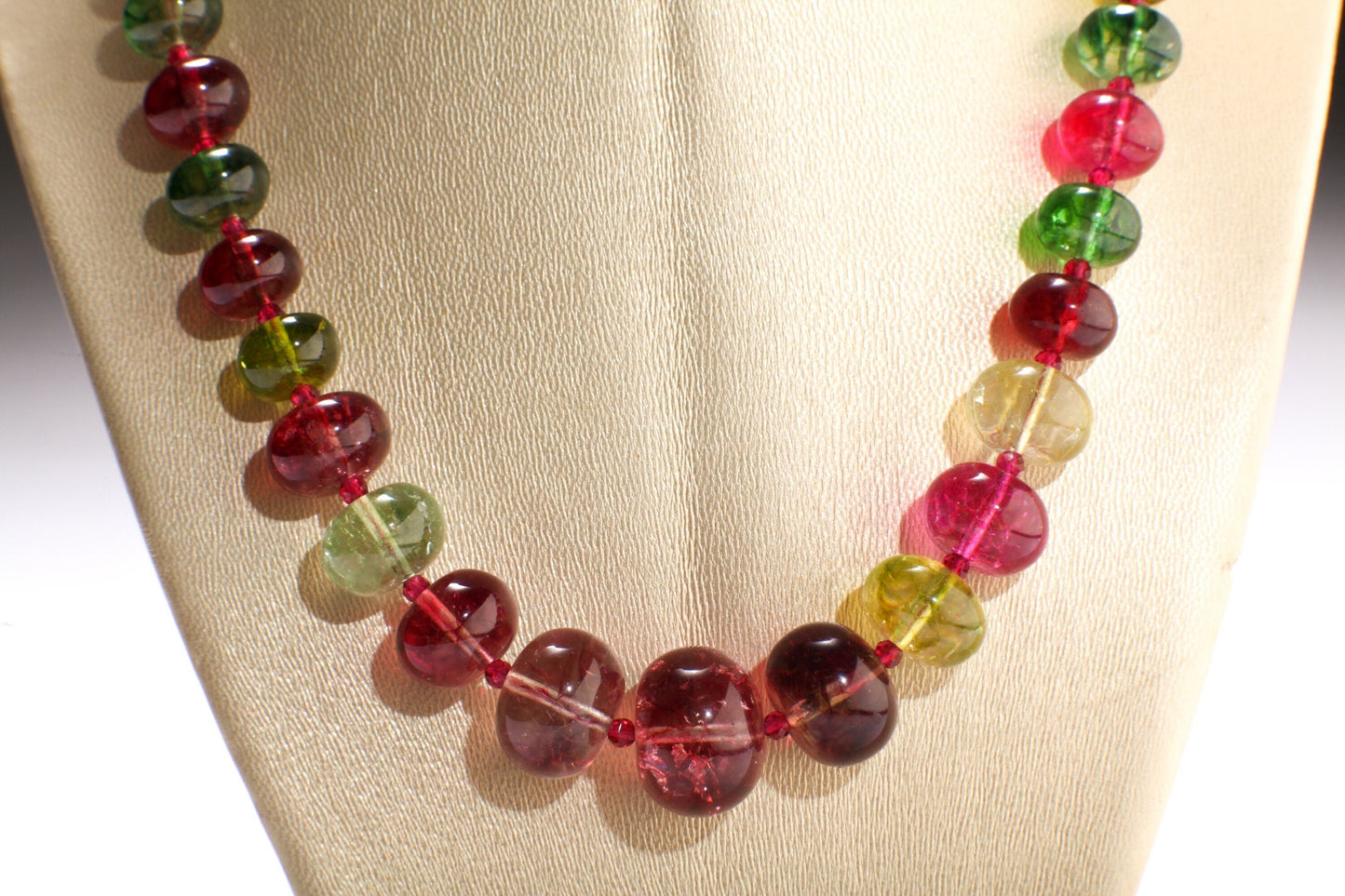 Natural Rock Crystal Graduated Necklace, Multi Color Crystal Quartz 8-17mm Rondell with Faceted Pink Spinel Accent Spacer Beads 19" Necklace
