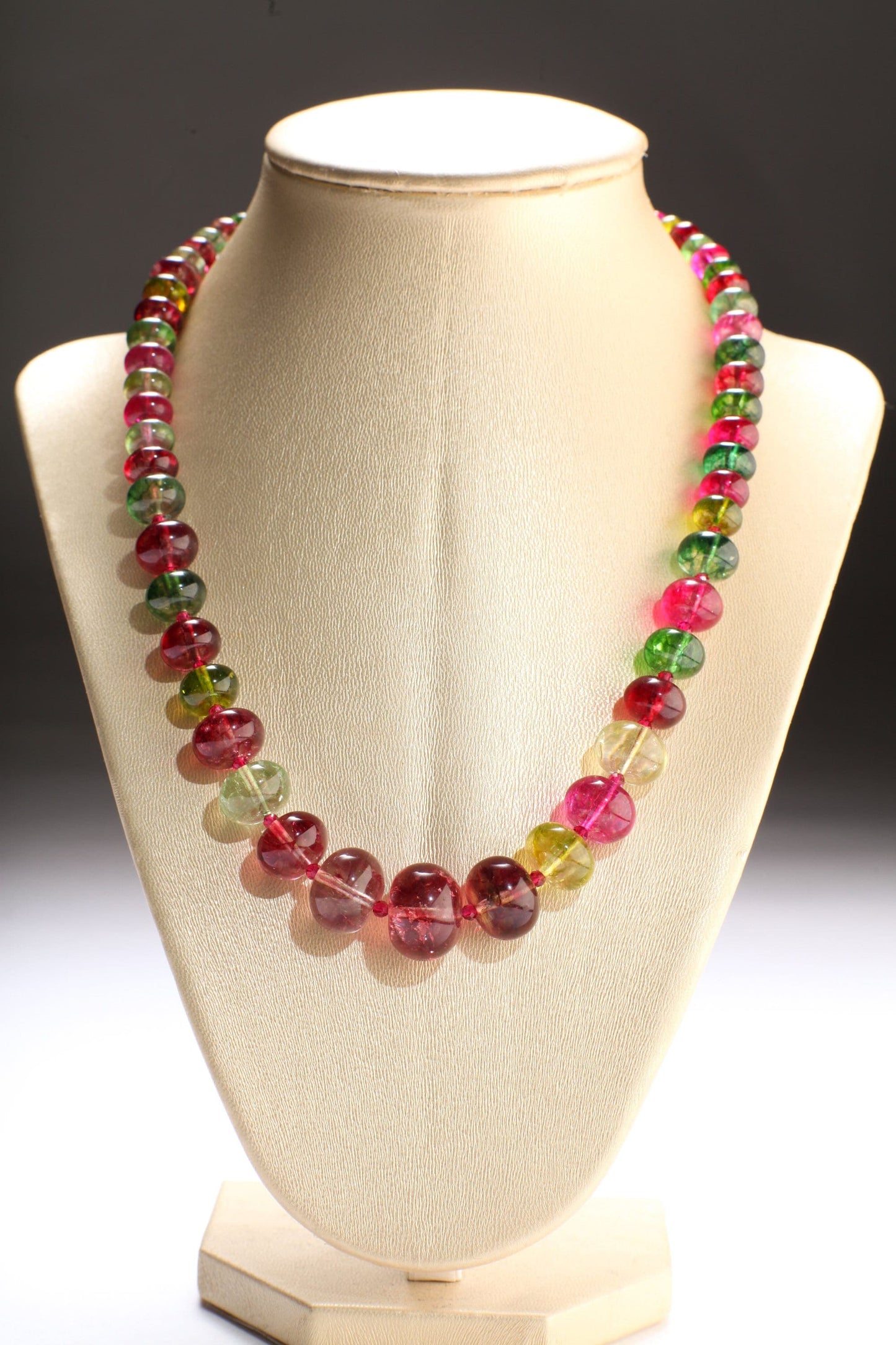Natural Rock Crystal Graduated Necklace, Multi Color Crystal Quartz 8-17mm Rondell with Faceted Pink Spinel Accent Spacer Beads 19" Necklace