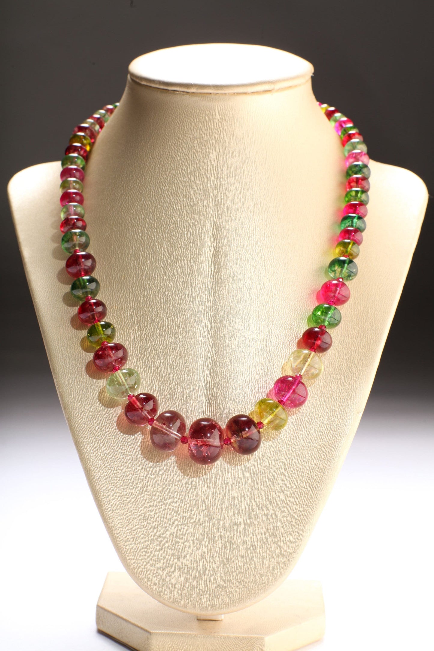 Natural Rock Crystal Graduated Necklace, Multi Color Crystal Quartz 8-17mm Rondell with Faceted Pink Spinel Accent Spacer Beads 19" Necklace