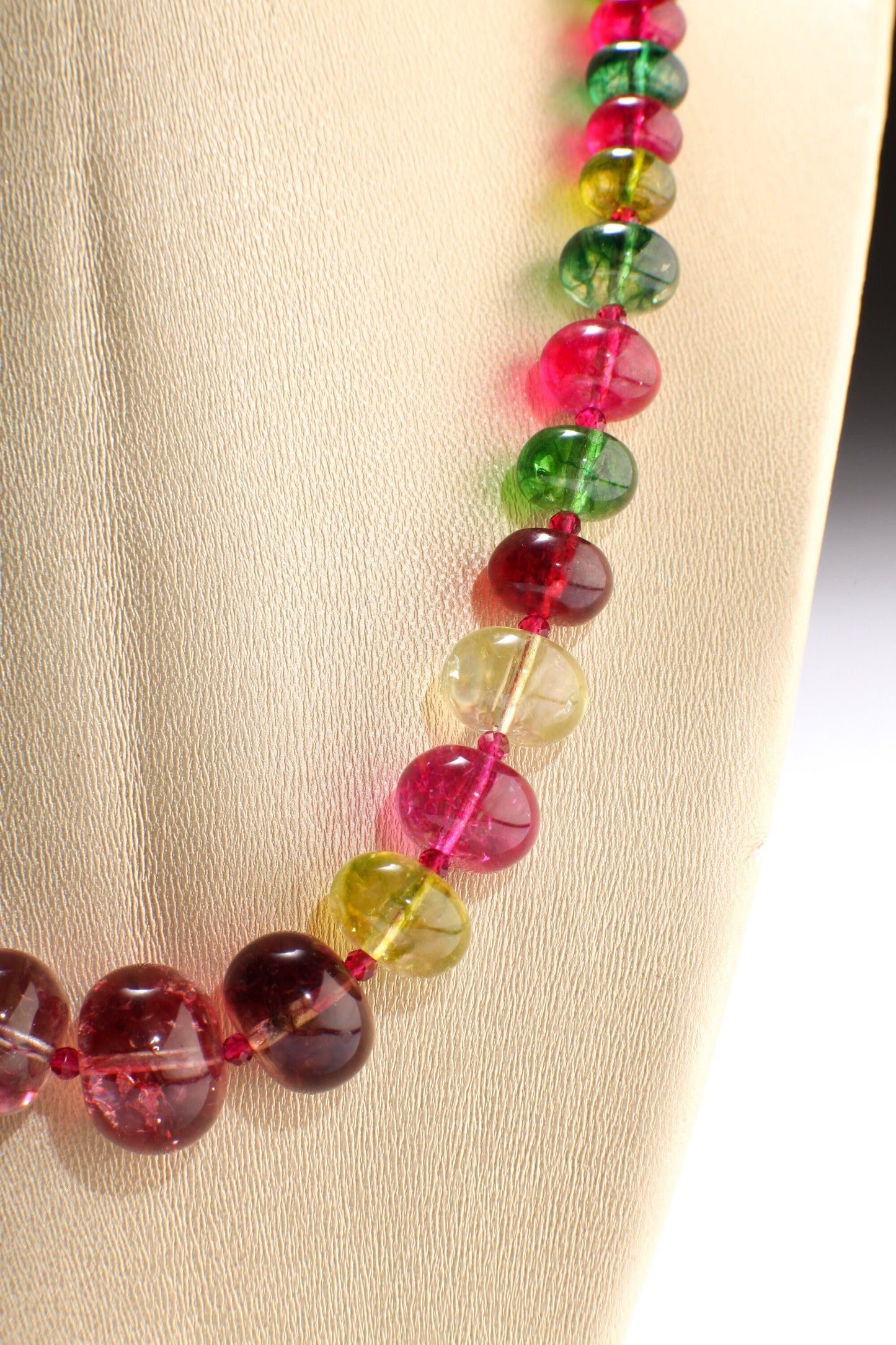 Natural Rock Crystal Graduated Necklace, Multi Color Crystal Quartz 8-17mm Rondell with Faceted Pink Spinel Accent Spacer Beads 19" Necklace