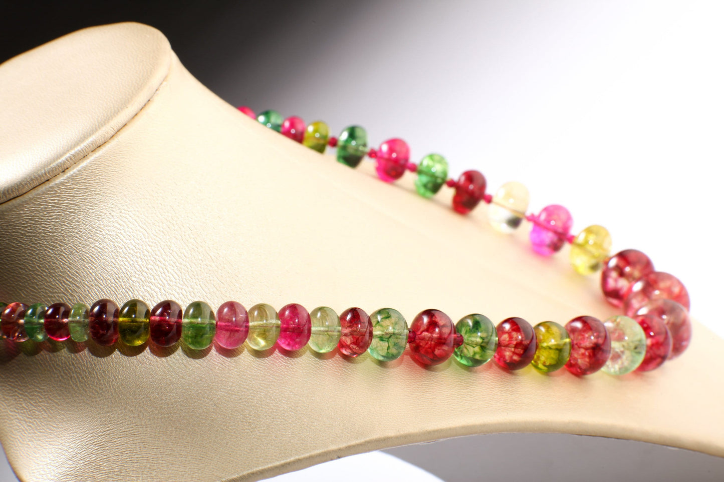 Natural Rock Crystal Graduated Necklace, Multi Color Crystal Quartz 8-17mm Rondell with Faceted Pink Spinel Accent Spacer Beads 19" Necklace