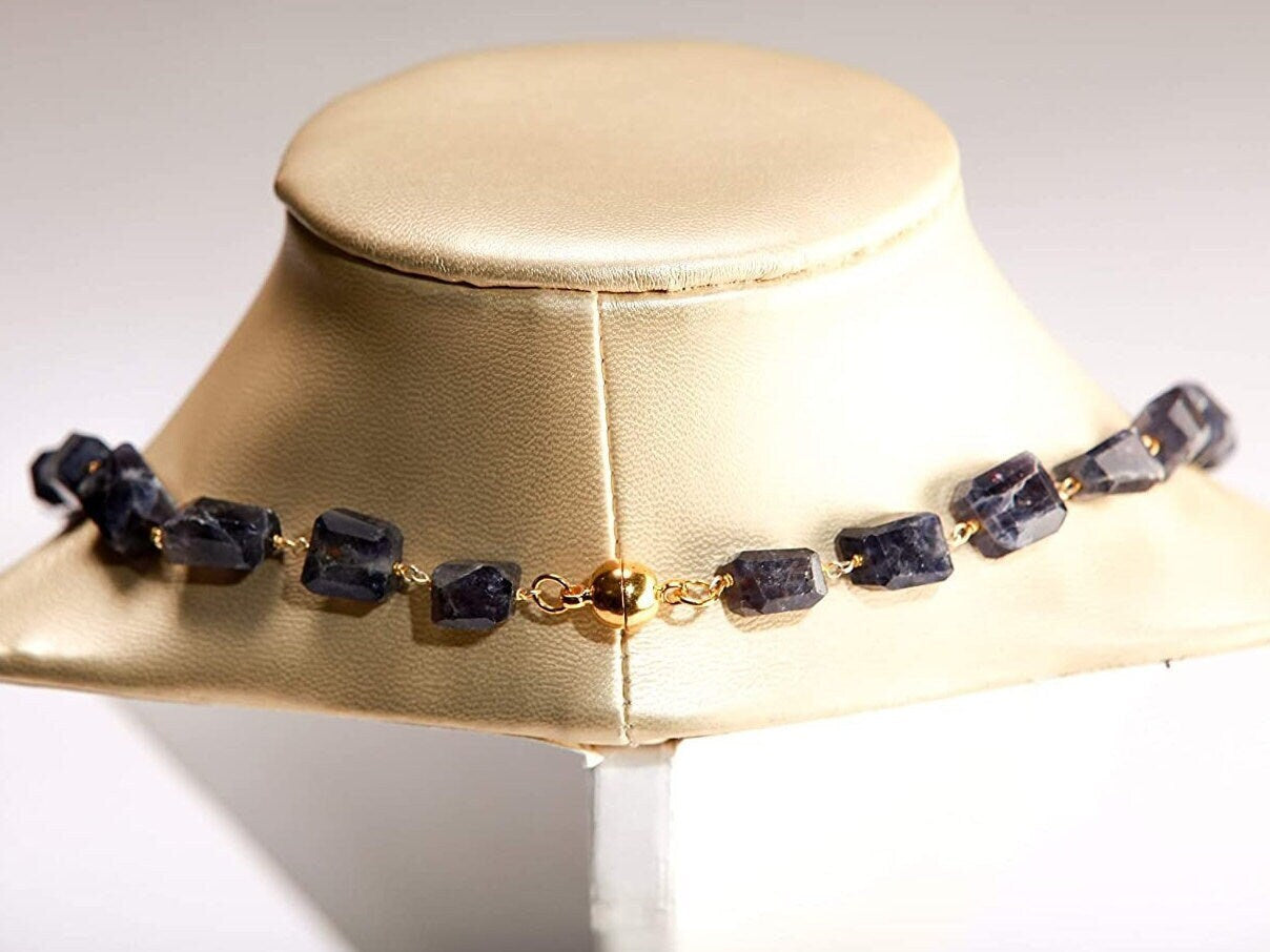 Genuine Iolite Free Form Raw Faceted Rectangular Pillars Wire Wrapped Necklace with Strong Magnetic Gold Ball Clasp 18"