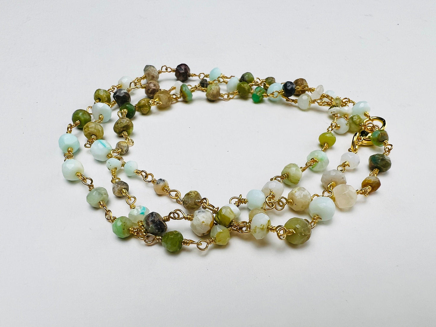 Peruvian Opal 4mm Faceted Rondelle Wire Wrapped Rosary Chain gold Necklace, choker, layering , Holiday Gift, 14"- 30". Very beautiful