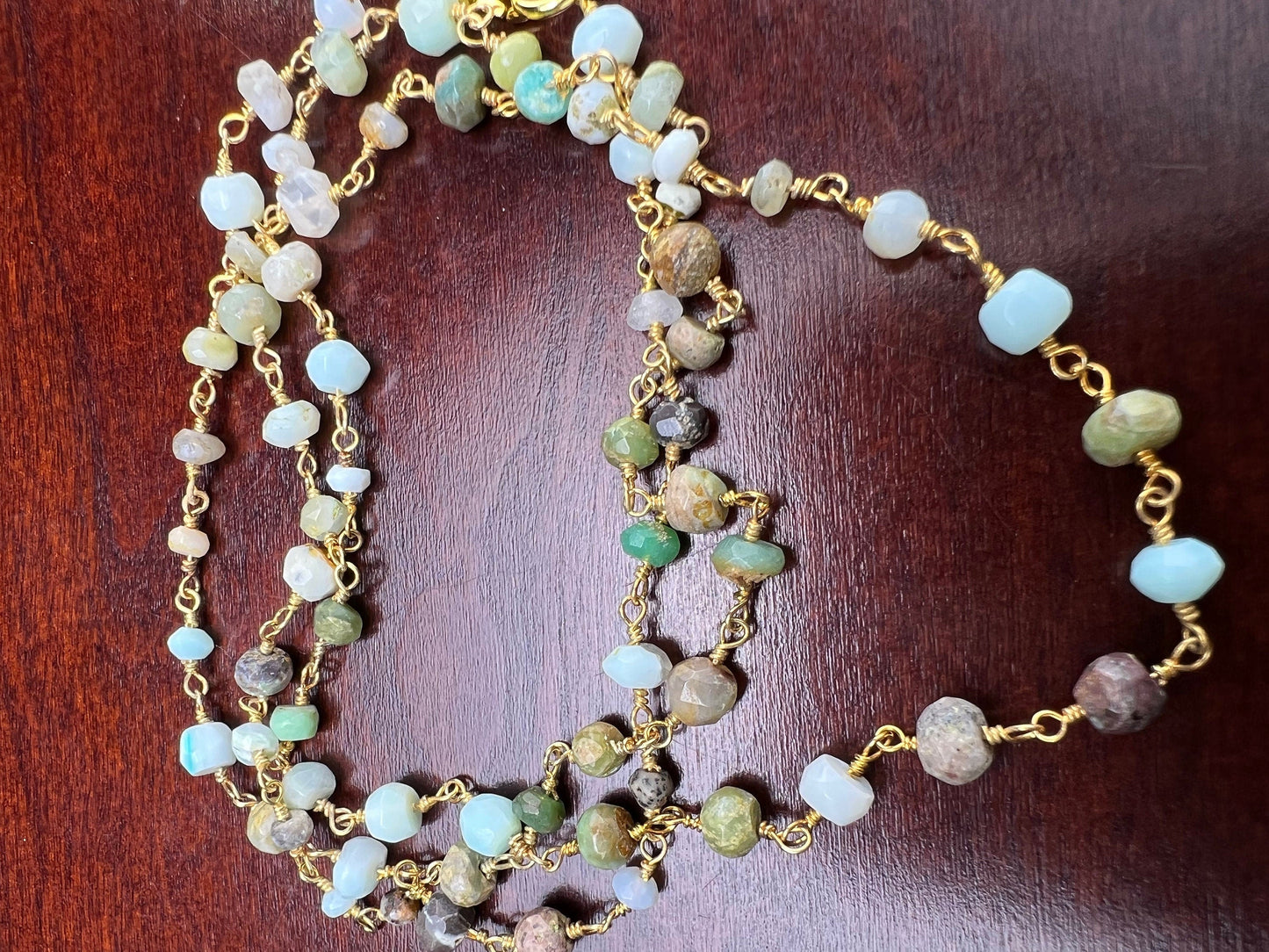 Peruvian Opal 4mm Faceted Rondelle Wire Wrapped Rosary Chain gold Necklace, choker, layering , Holiday Gift, 14"- 30". Very beautiful