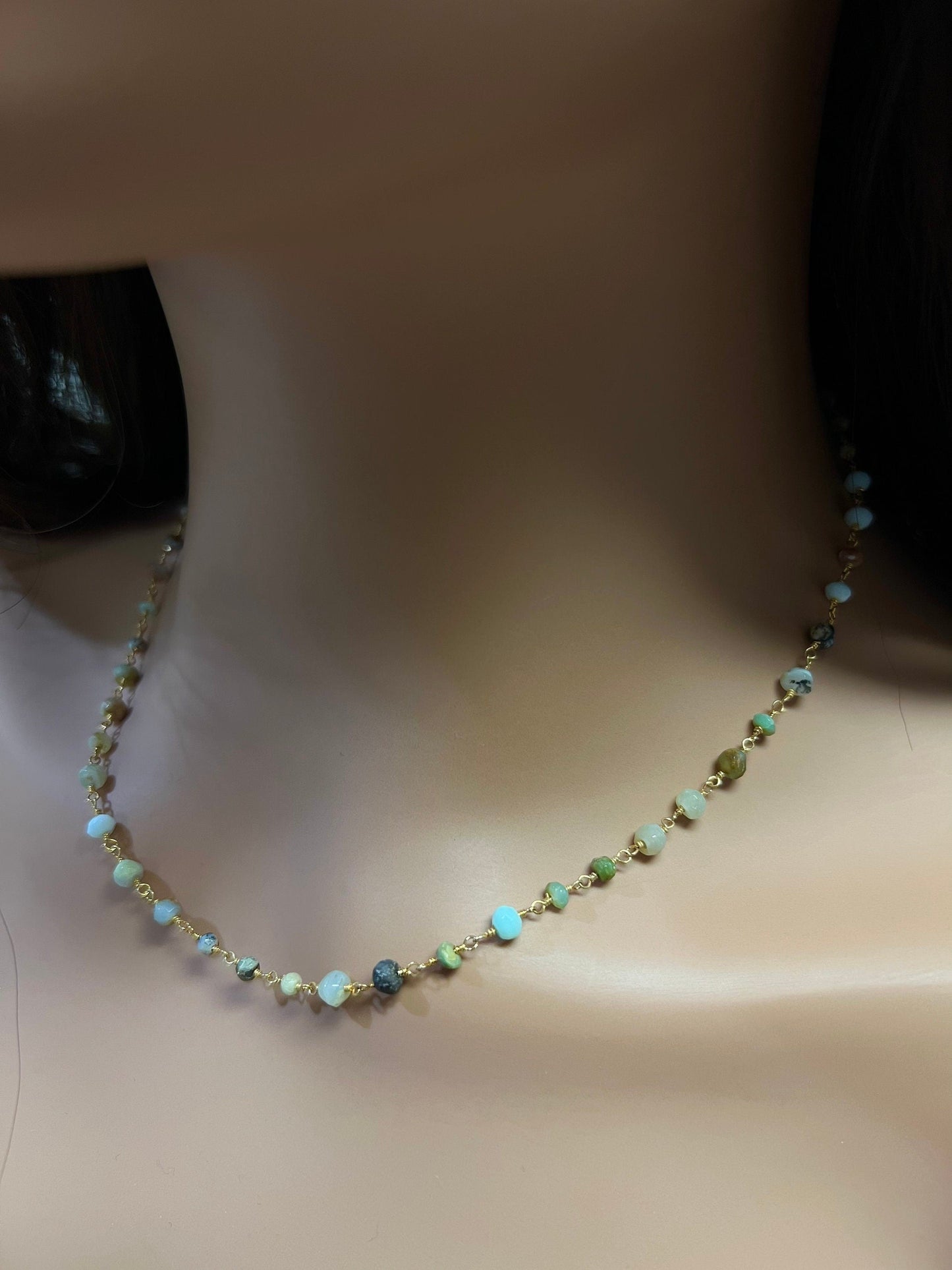 Peruvian Opal 4mm Faceted Rondelle Wire Wrapped Rosary Chain gold Necklace, choker, layering , Holiday Gift, 14"- 30". Very beautiful