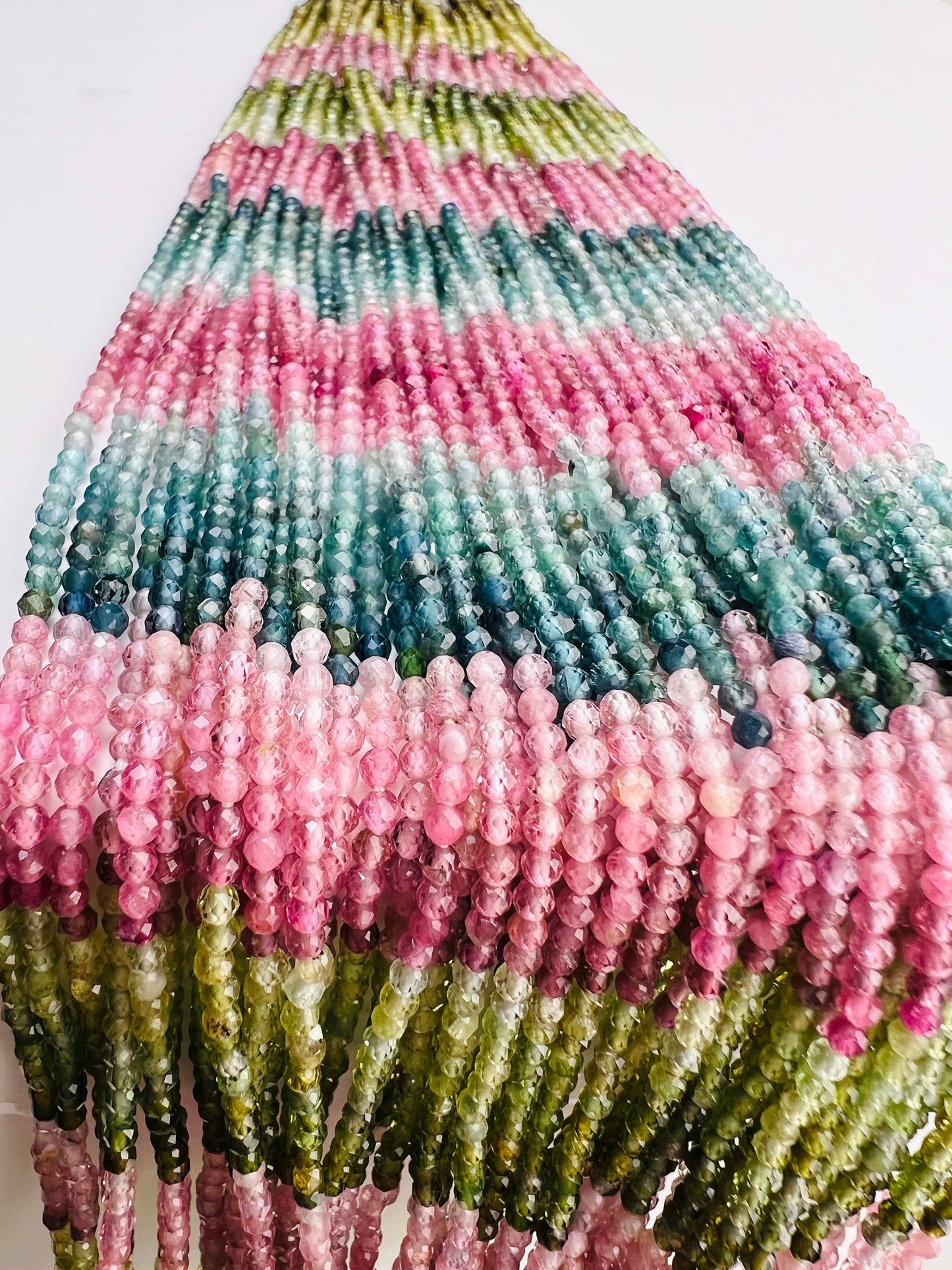 Multi Tourmaline shaded 2mm Faceted Round 12" Strand bead, beautiful pink blue green multi shaded natural watermelon tourmaline bead.