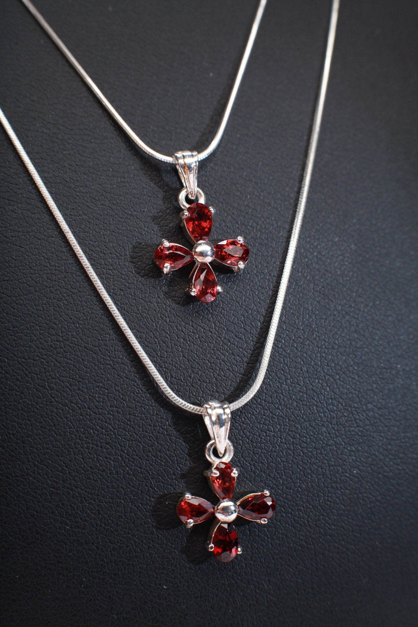Genuine Garnet Sterling Silver Flower Cluster Charm with .925 Italian Sterling Silver Snake Chain, Choice of 16" or 18"