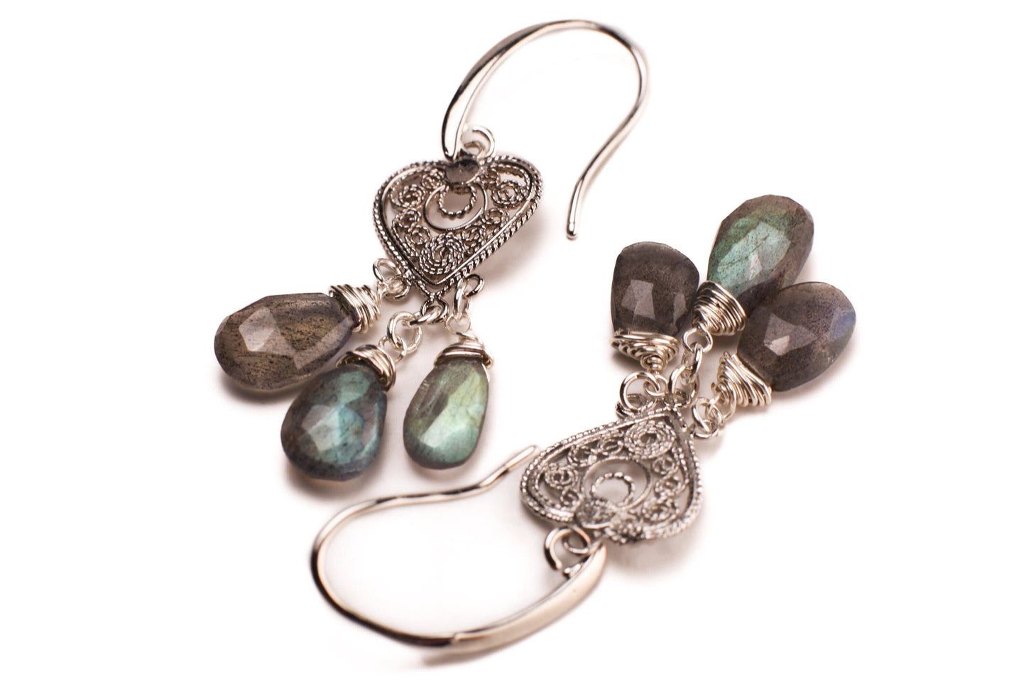 Natural Labradorite 5x10mm Faceted Drop Wire wrapped Chandelier Heart Filigree Rhodium Silver Earrings
