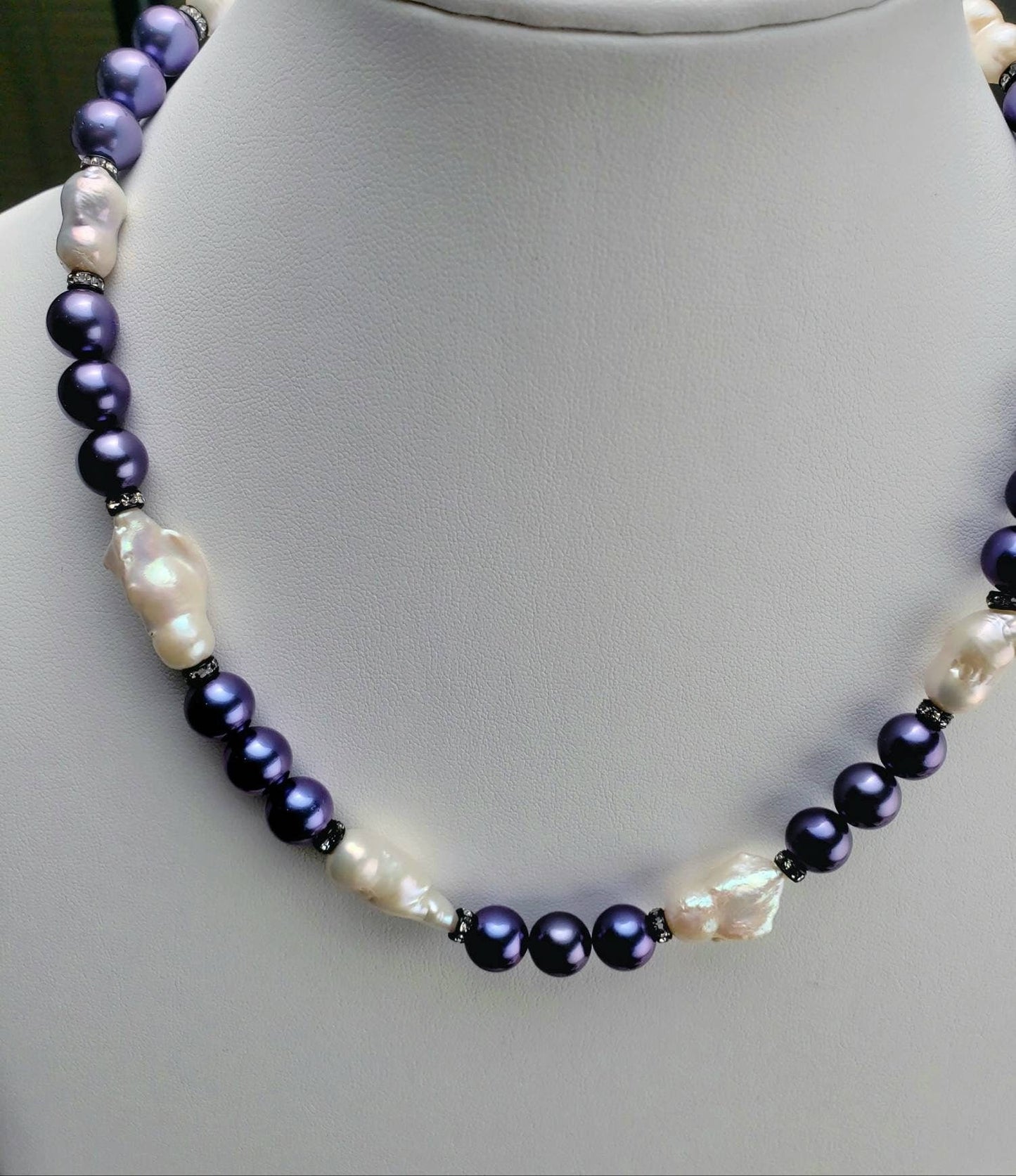 Blue South Sea shell pearl 8mm with Freshwater baroque pearl 20x27mm large, CZ diamond pave clasp Statement necklace, Gift 18"+ 3" Extender