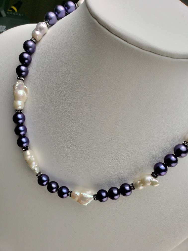 Blue South Sea shell pearl 8mm with Freshwater baroque pearl 20x27mm large, CZ diamond pave clasp Statement necklace, Gift 18"+ 3" Extender