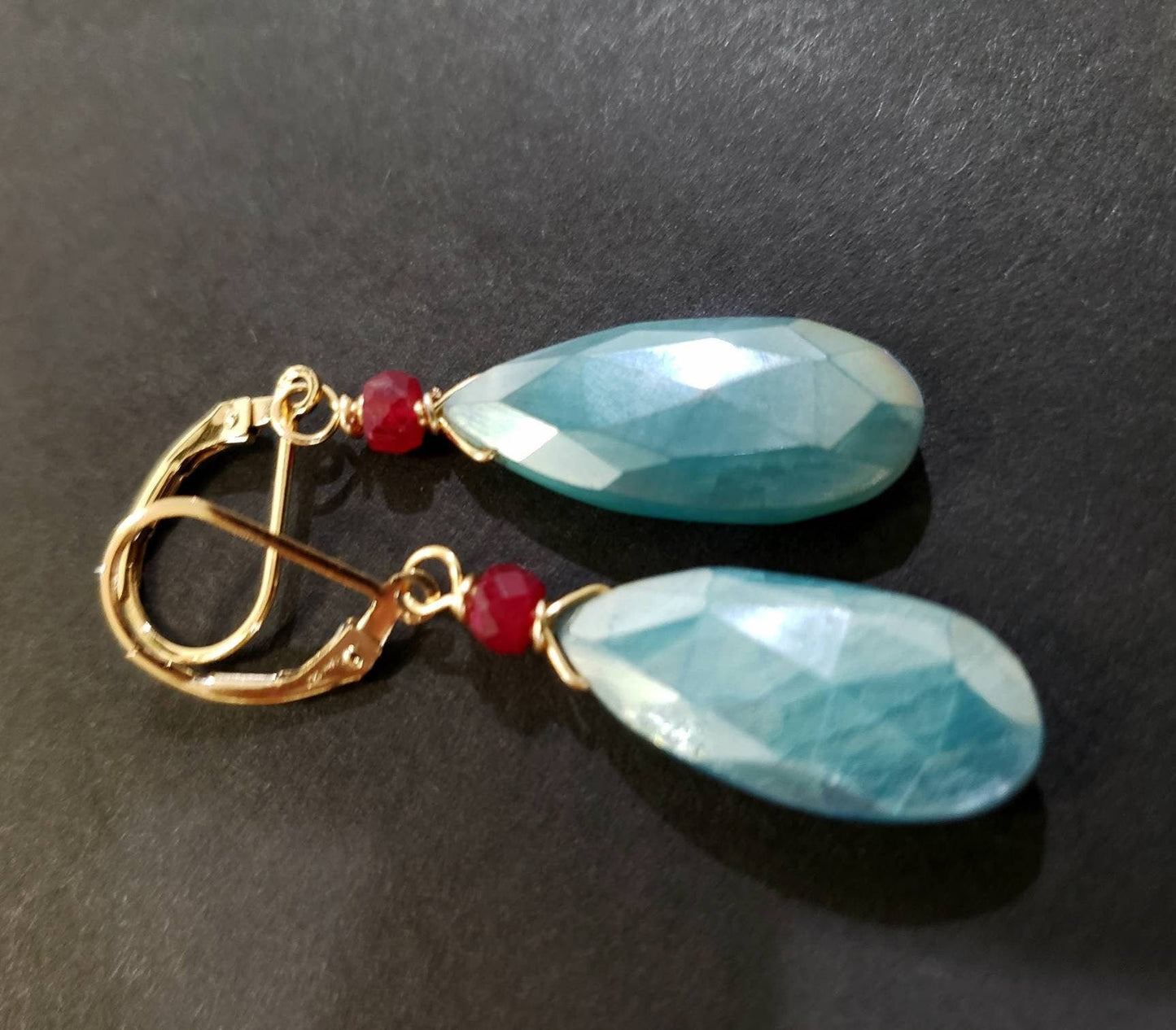 Blue Moonstone Faceted Long Pear Drop 10x21mmWire Wrapped, 4mm Genuine ruby accent 14k Gold Filled or 925 sterling Earring, Elegant Gift