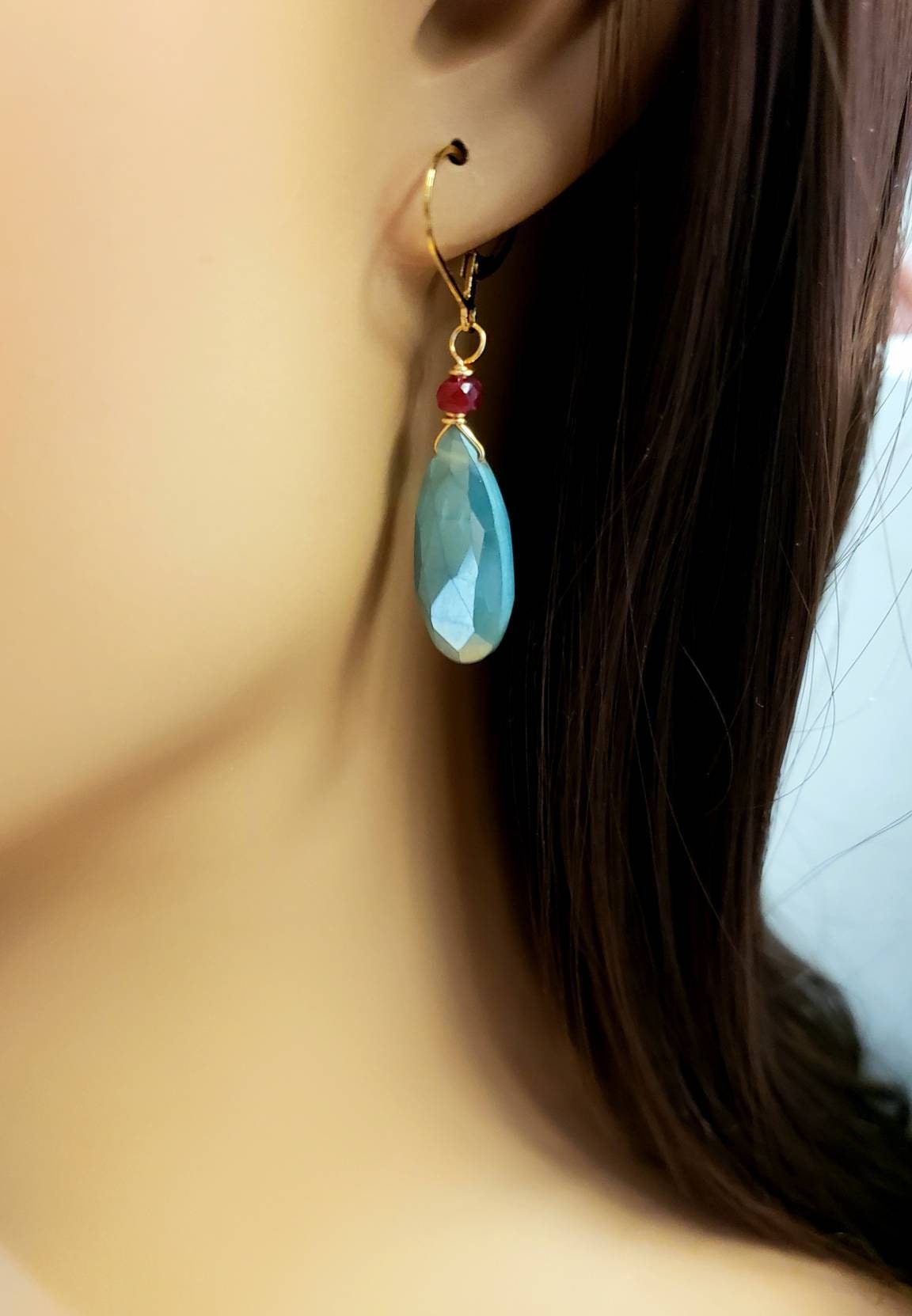 Blue Moonstone Faceted Long Pear Drop 10x21mmWire Wrapped, 4mm Genuine ruby accent 14k Gold Filled or 925 sterling Earring, Elegant Gift