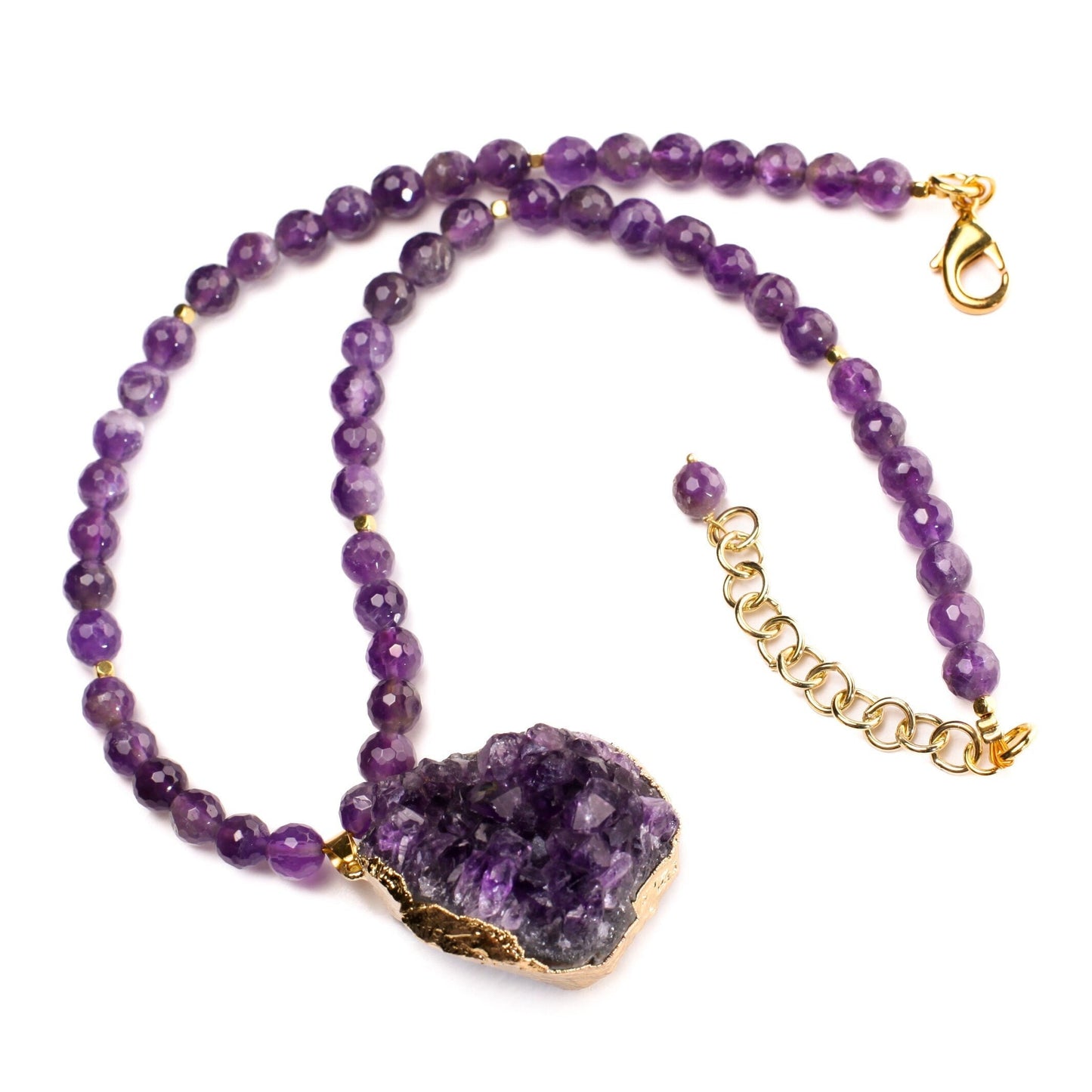 Amethyst Geode Gold Plated Druzy Chunk 36x41mm long , 23mm thick Pendant, 8mm Natural Faceted Amethyst bead 18” Necklace 2" Extension Chain