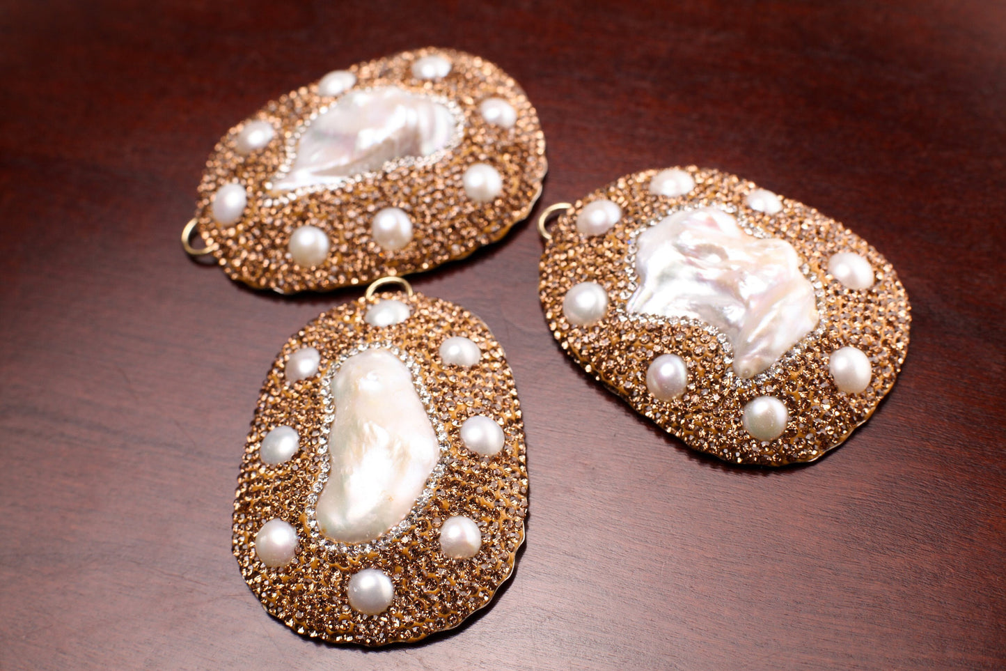 Freshwater Biwa Pearl Pendant, Inlaid Rhinestone Crystal Handmade Fancy Focal Bead, 42x58mm, 1 pc, Jewelry Making Bling Bead