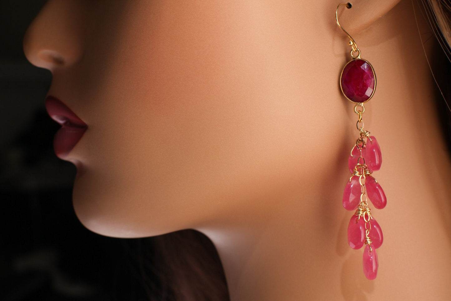 Genuine Ruby Bezel , hot Pink Chalcedony 9x13mm teardrop Wire Wrapped In 22k Gold vermeil,gold over 925 Sterling Silver Cascade earrings
