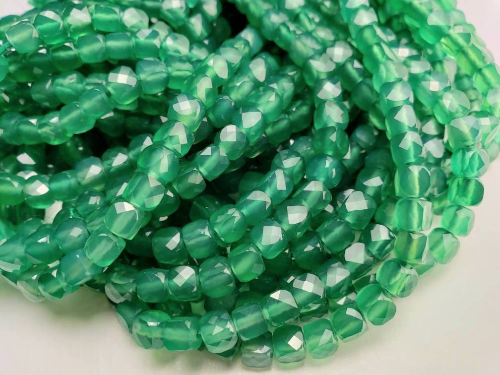 Genuine Green Onyx Faceted 5mm Square cube Dice shape beads for jewelry making 12.5" full strand, approx 65 pcs cube beads