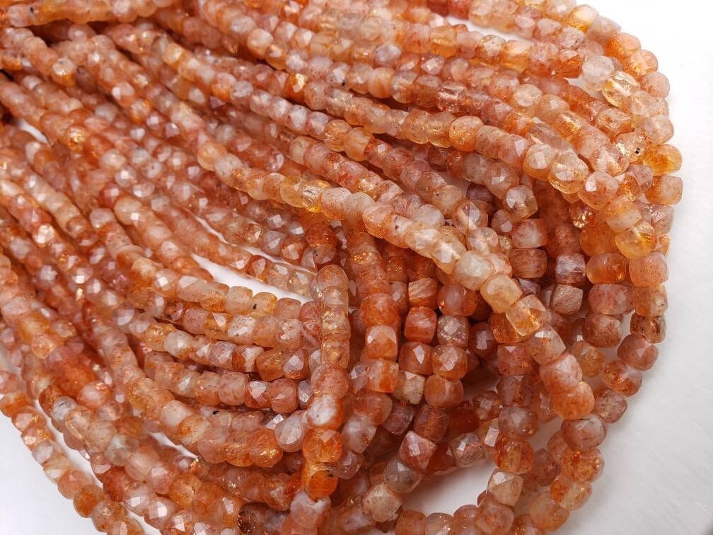 Genuine Sun Stone faceted 4.5mm square cubr dice shape Beads for jewelry making 12.5" full Strand, Approximately 75 pcs beads