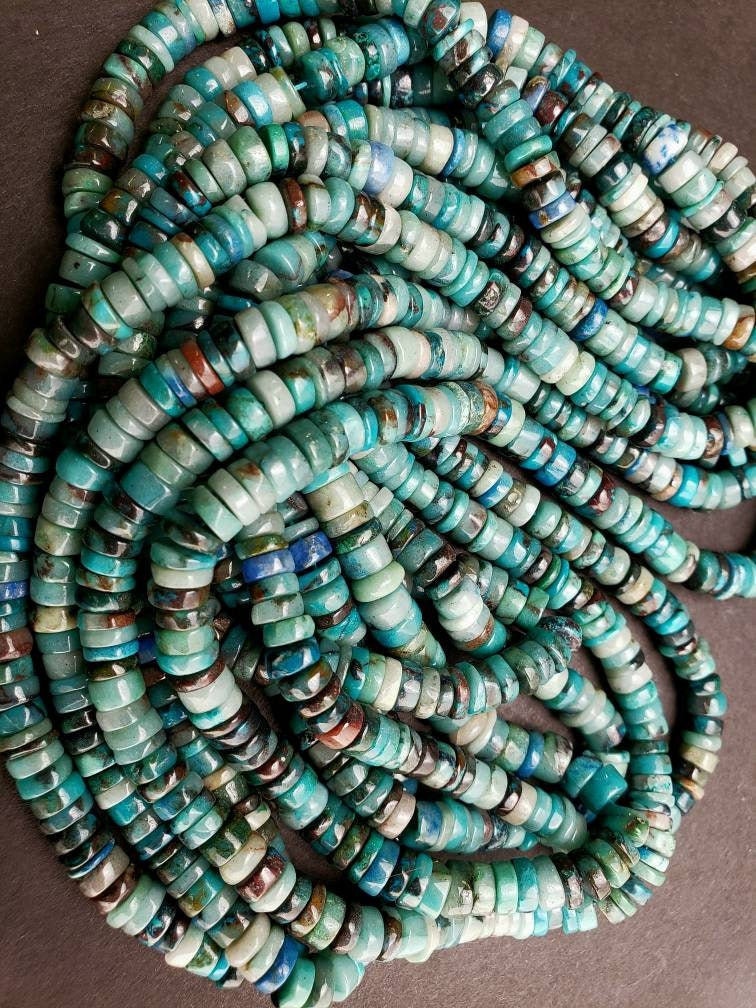 Natural Chrysocola Smooth heishi wheel roundel 6-6.5mm Beautiful blue green AAA Quality quality jewelry making beads. 7.5",15" strand