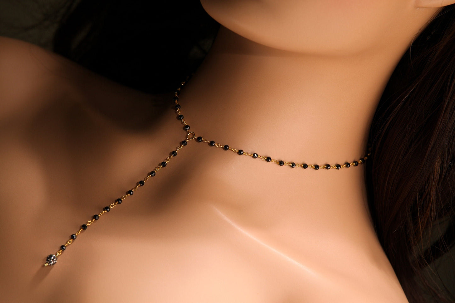Genuine Black Spinel Micro Faceted 3mm Diamond Cut Choker with 3" , 4” Y Gold Necklace, Gold Necklace, prom, Layering, Elegant Gift