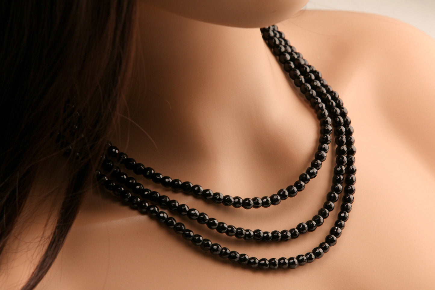 Black Onyx 6mm Faceted round 3 Line Adjustable Necklace, Natural Black Onyx Gemstone Black Beads 18.5" Layering Necklace with 2" Extender