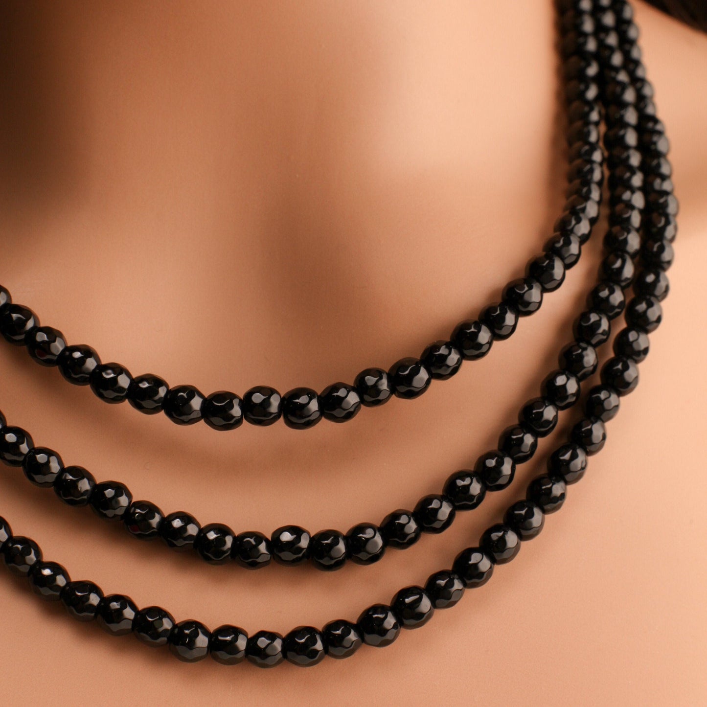 Black Onyx 6mm Faceted round 3 Line Adjustable Necklace, Natural Black Onyx Gemstone Black Beads 18.5" Layering Necklace with 2" Extender