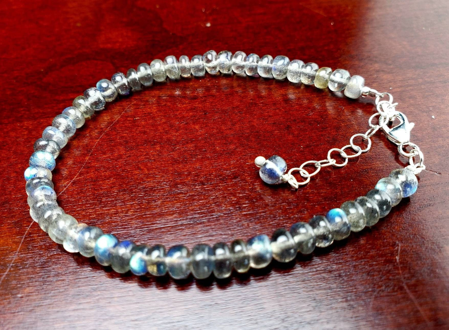 Labradorite Smooth Roundel 4.5mm Blue Flashy 925 Sterling Silver Bracelet with 1" Extender, Gift for Woman, Chakra, Yoga Energy Healing gift