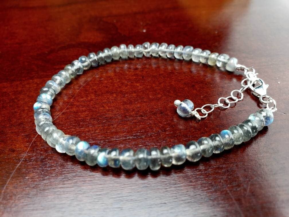 Labradorite Smooth Roundel 4.5mm Blue Flashy 925 Sterling Silver Bracelet with 1" Extender, Gift for Woman, Chakra, Yoga Energy Healing gift