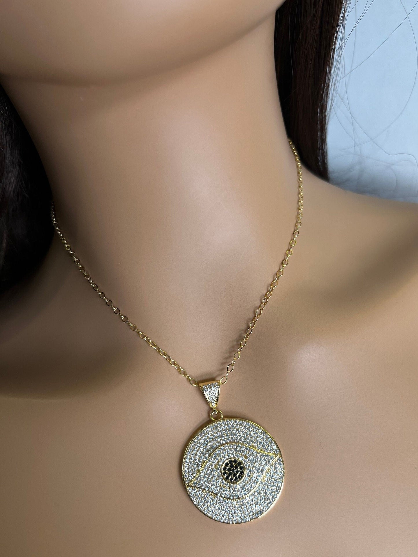 Cubic Zirconia Micro Pave CZ Diamond 32mm large Evil Eye Round Pendant with 925 Sterling Silver or 14K Gold Filled Necklace, Protection
