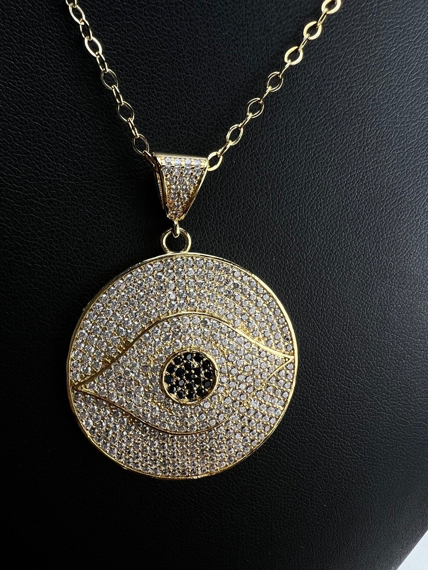 Cubic Zirconia Micro Pave CZ Diamond 32mm large Evil Eye Round Pendant with 925 Sterling Silver or 14K Gold Filled Necklace, Protection
