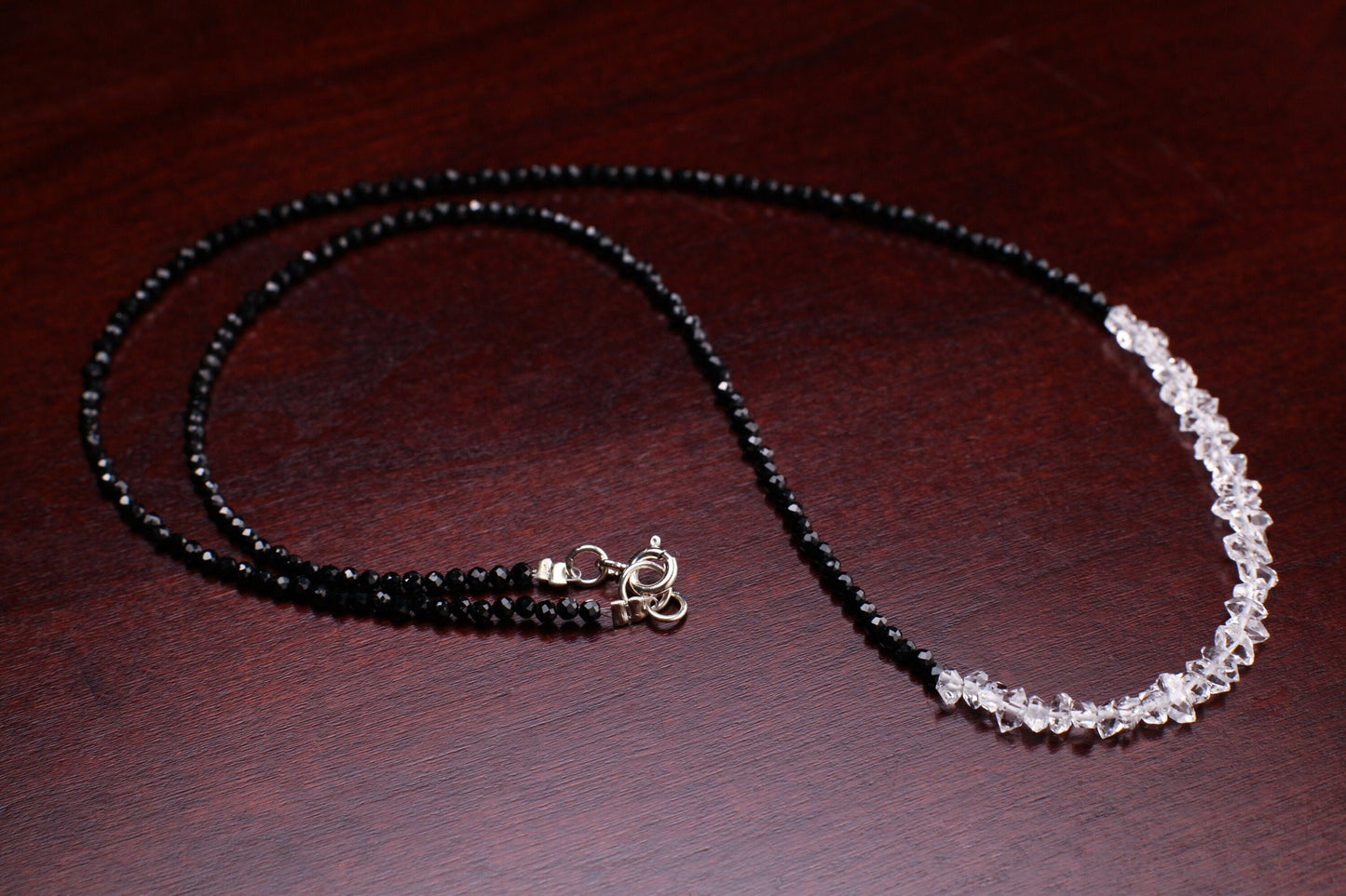 Black Spinel 2mm Beads with Herkimer Diamond 4x5.5-6.5mm Double Terminated in 3" AAA High Quality Raw Diamond 925 Sterling Silver necklace