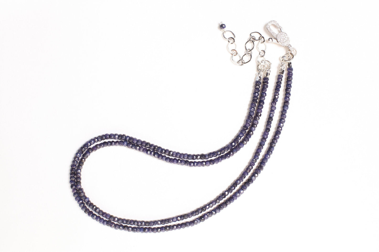 2 Line Sapphire Gemstone Faceted Roundel 4mm Statement Necklace,Adjustable CZ Rhodium Lobster Clasp, 16" - 17" plus 3" extent to 20"