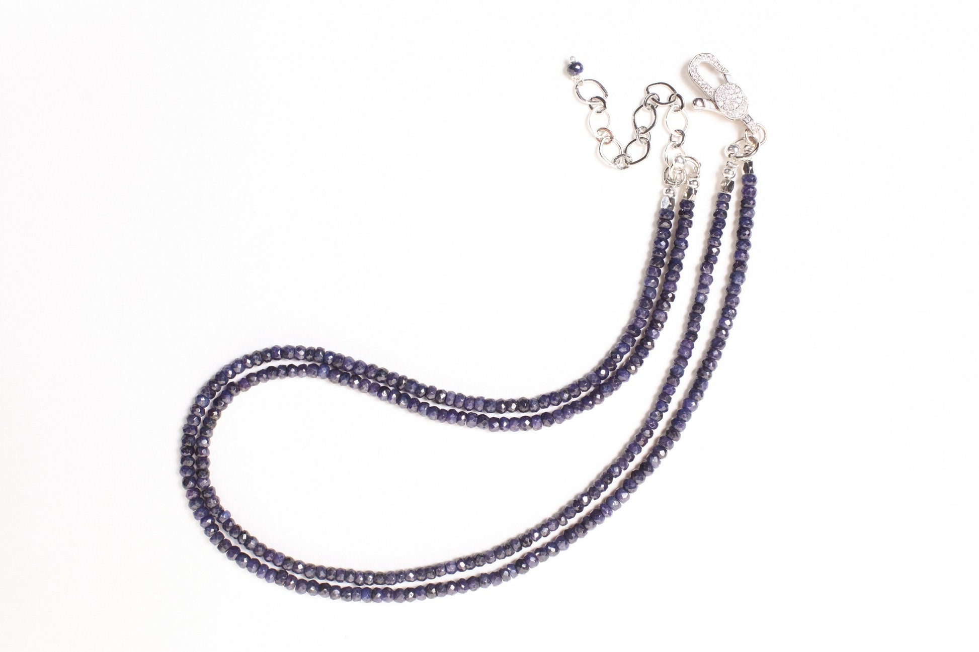 2 Line Sapphire Gemstone Faceted Roundel 4mm Statement Necklace,Adjustable CZ Rhodium Lobster Clasp, 16" - 17" plus 3" extent to 20"