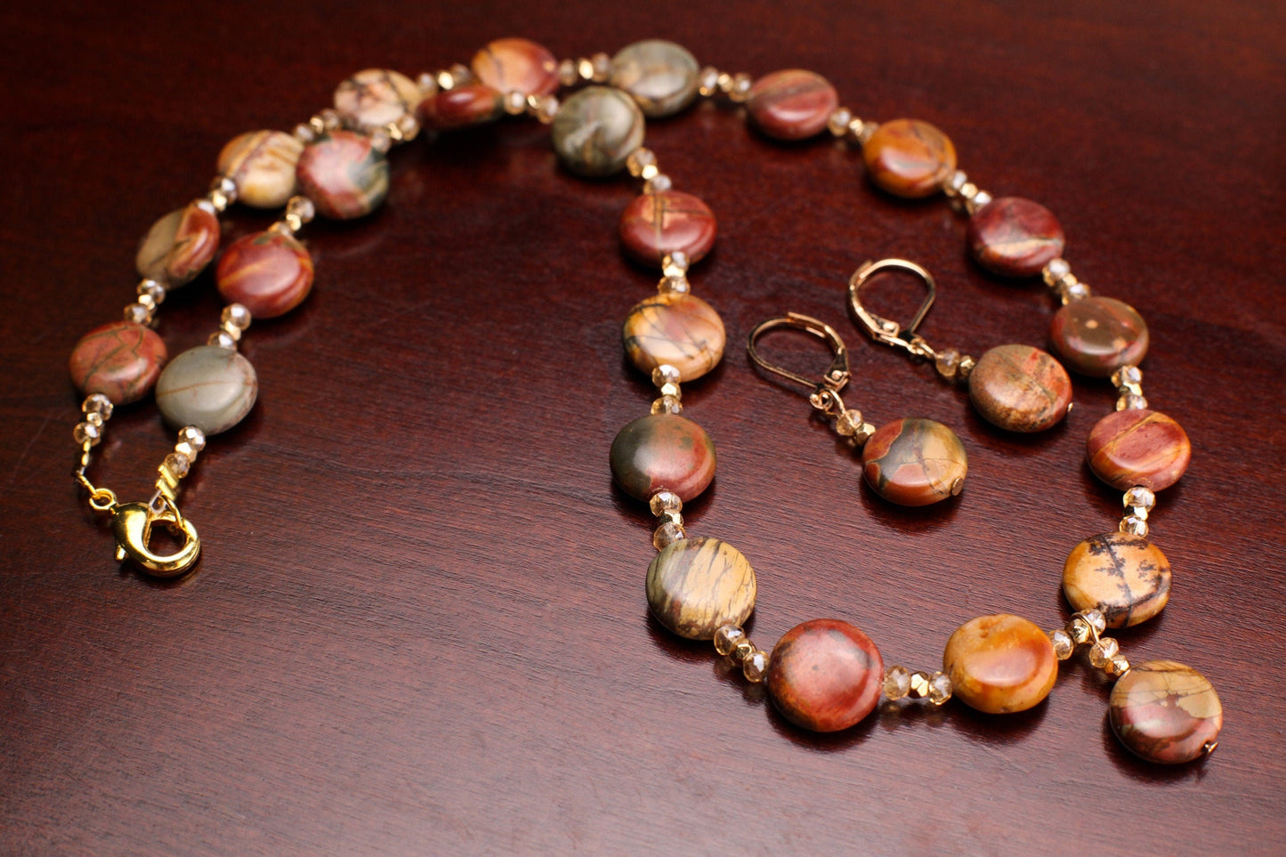 Natural Picasso Jasper 12mm Disk Shape Copper Circle Dangling Pendant 18" Necklace with Matching Gold Earrings Jewelry Set