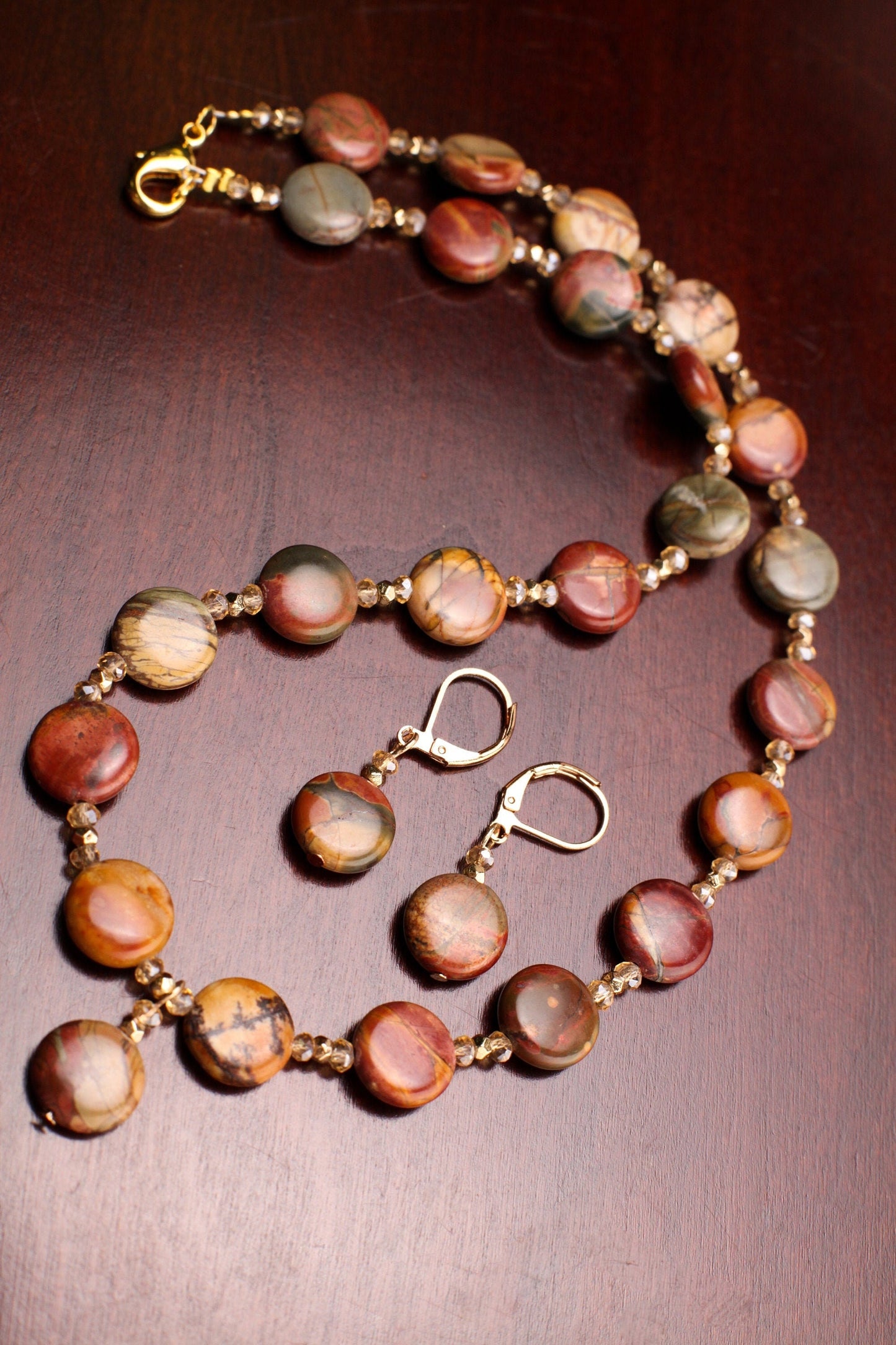Natural Picasso Jasper 12mm Disk Shape Copper Circle Dangling Pendant 18" Necklace with Matching Gold Earrings Jewelry Set