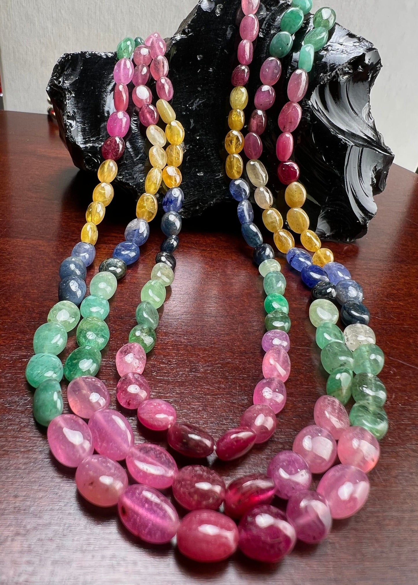 Genuine Multi Sapphire ruby emerald smooth oval 6.5-8.8mm Gemstones 3 Line Layer Adjustable thread Necklace 15"-17” necklace 339 cts