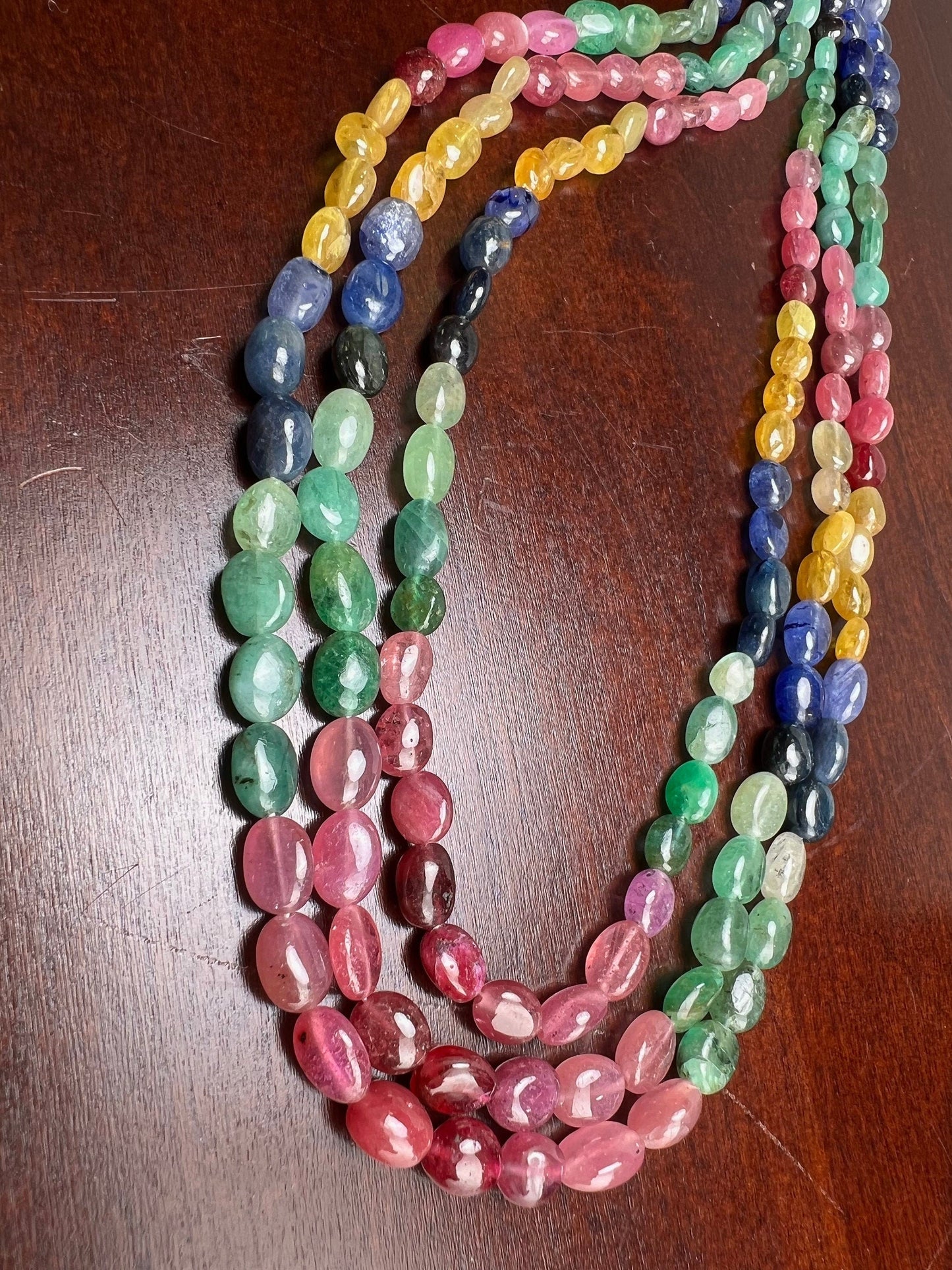 Genuine Multi Sapphire ruby emerald smooth oval 6.5-8.8mm Gemstones 3 Line Layer Adjustable thread Necklace 15"-17” necklace 339 cts