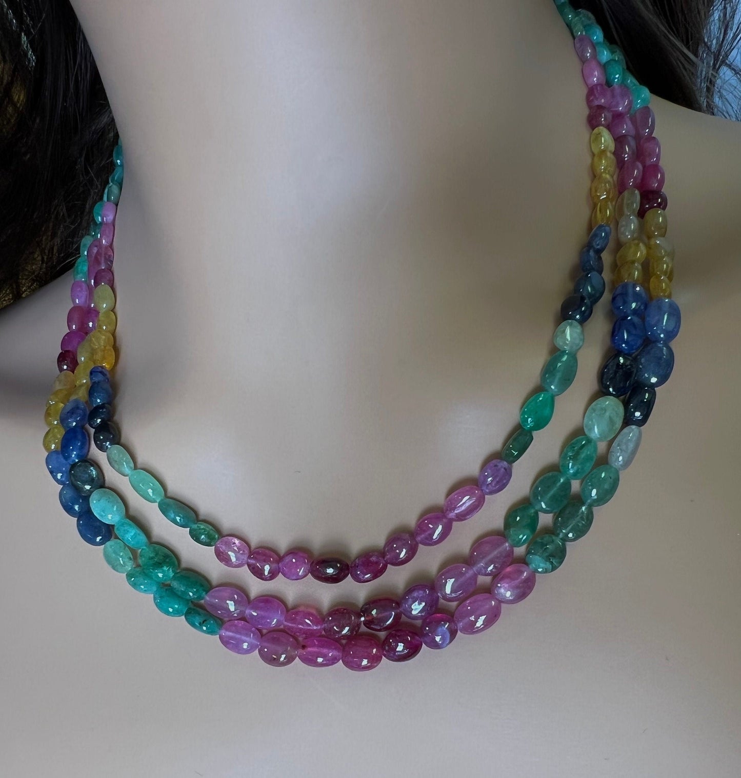 Genuine Multi Sapphire ruby emerald smooth oval 6.5-8.8mm Gemstones 3 Line Layer Adjustable thread Necklace 15"-17” necklace 339 cts