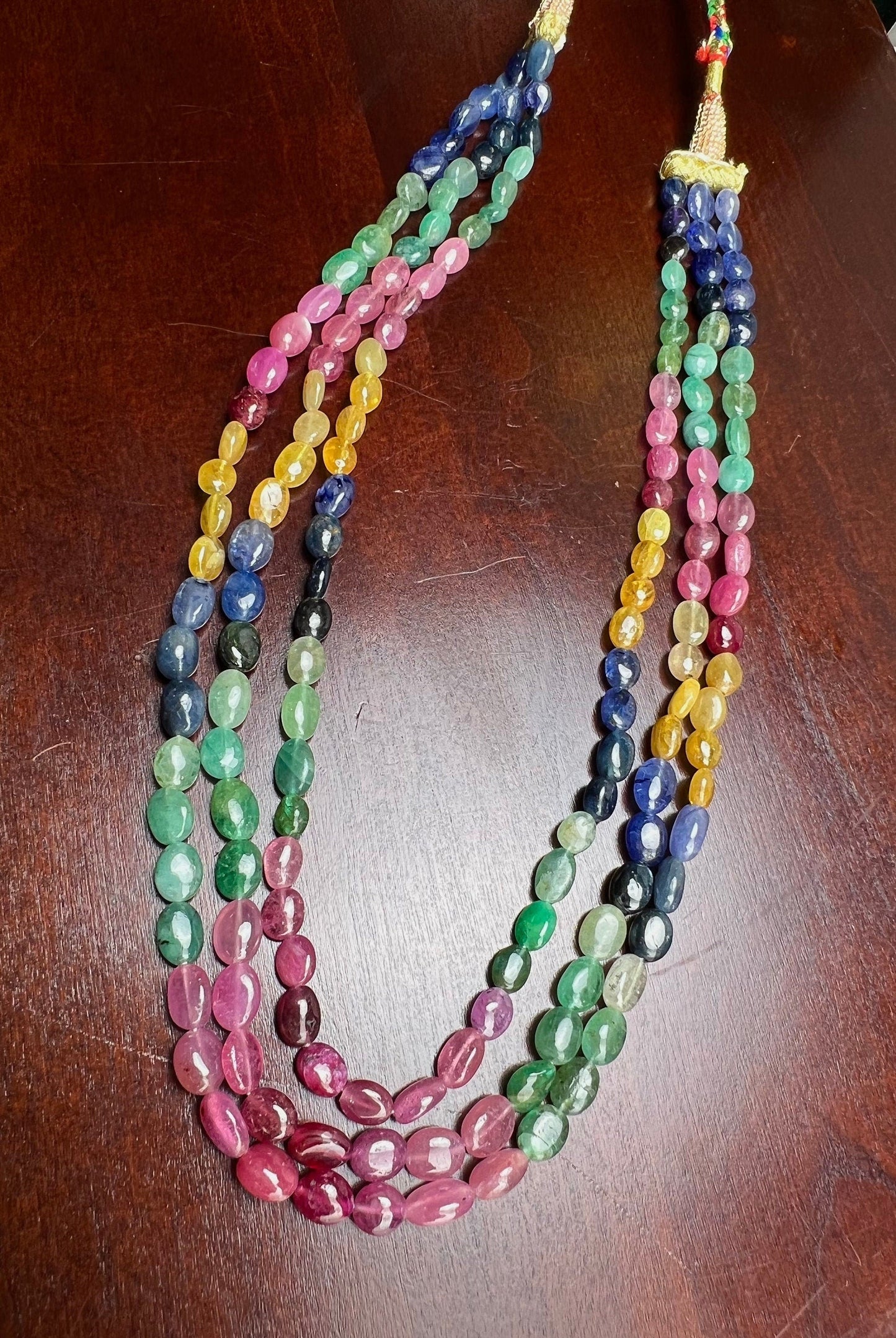 Genuine Multi Sapphire ruby emerald smooth oval 6.5-8.8mm Gemstones 3 Line Layer Adjustable thread Necklace 15"-17” necklace 339 cts