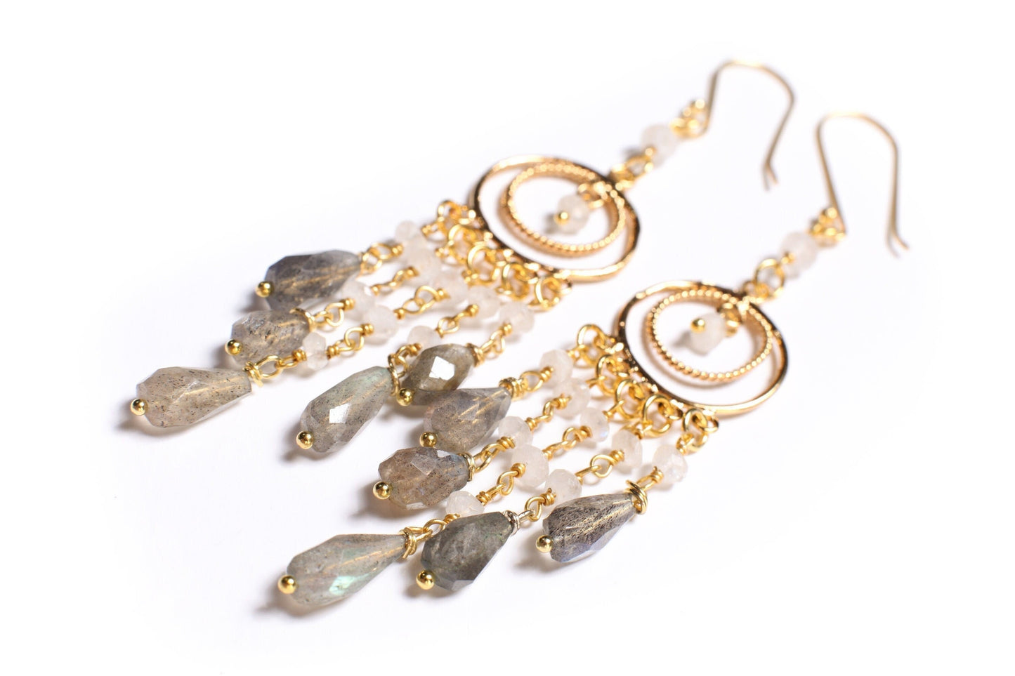 Natural Labradorite 5x10mm Faceted Drop, Moonstone 3mm Roundel Wire Wrap, Gold Vermeil Chandelier Ear Wire, Dreamcatcher Chandelier Earrings