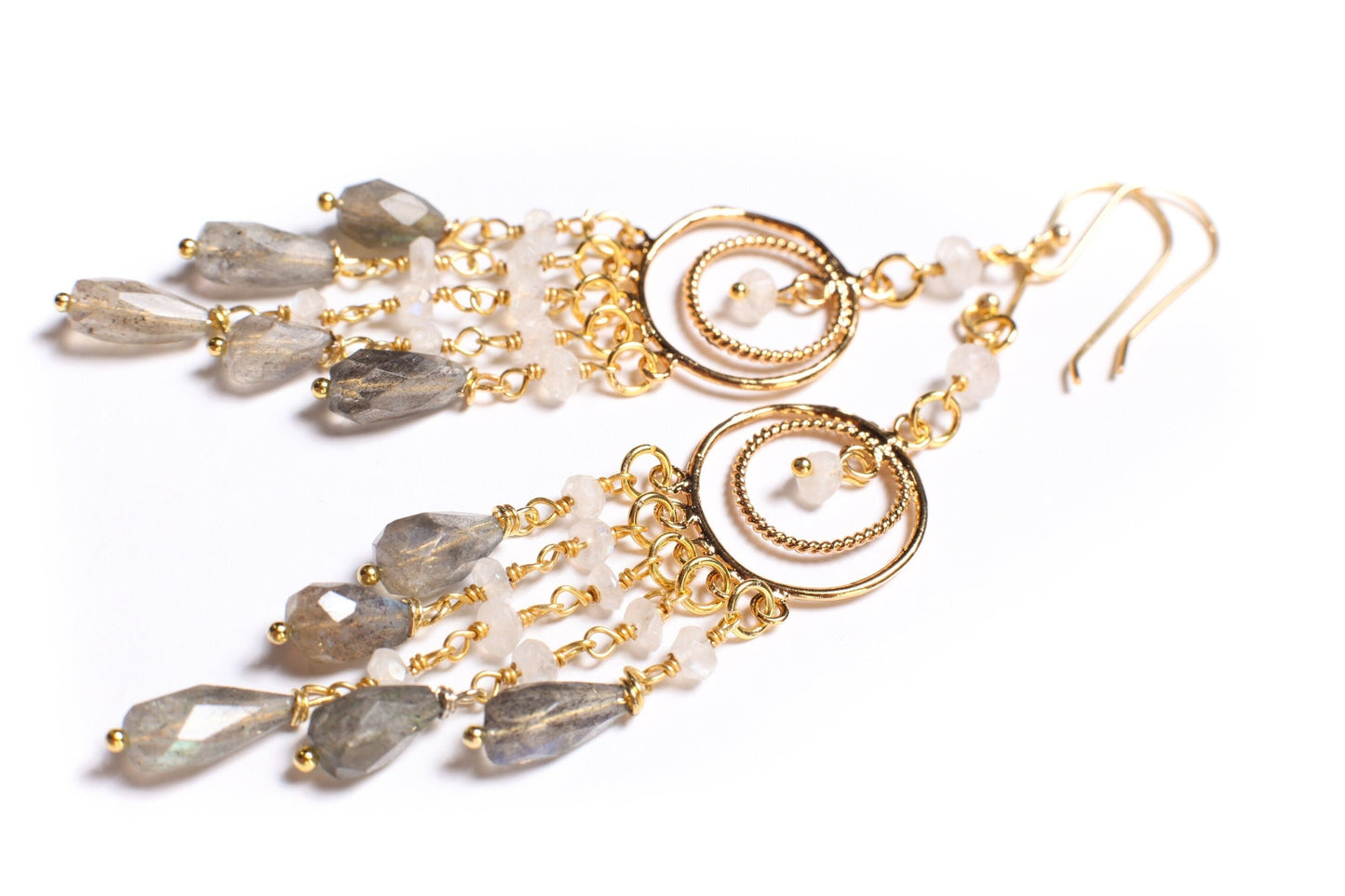 Natural Labradorite 5x10mm Faceted Drop, Moonstone 3mm Roundel Wire Wrap, Gold Vermeil Chandelier Ear Wire, Dreamcatcher Chandelier Earrings