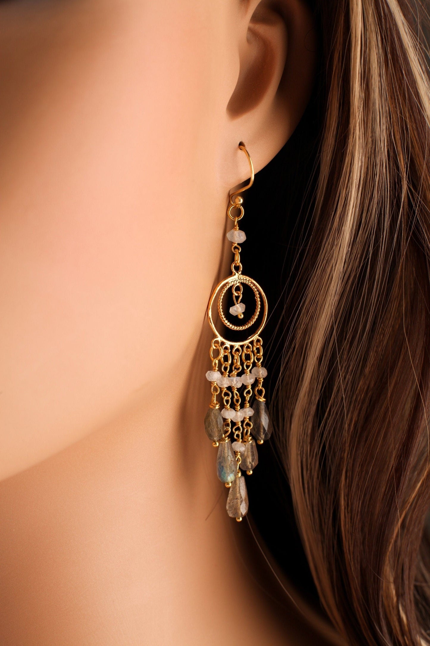Natural Labradorite 5x10mm Faceted Drop, Moonstone 3mm Roundel Wire Wrap, Gold Vermeil Chandelier Ear Wire, Dreamcatcher Chandelier Earrings