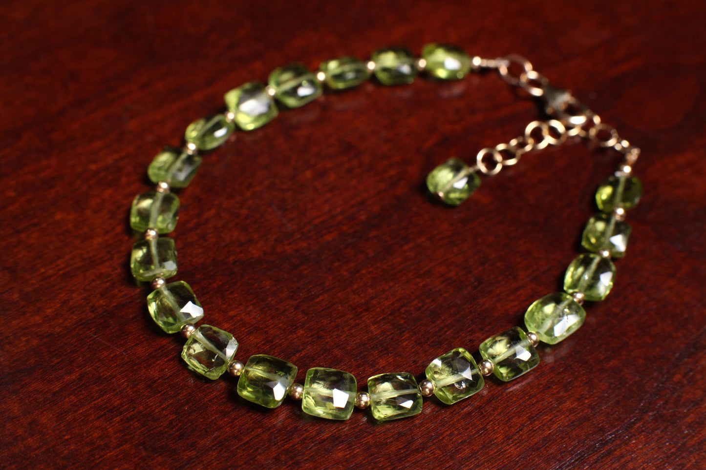 Peridot Faceted 5mm Cushion Shape Gemstone Bracelet in 14K Gold Filled Chain and Clasp, 14k gf 2mm spacer , Elegant Gift , August birthstone