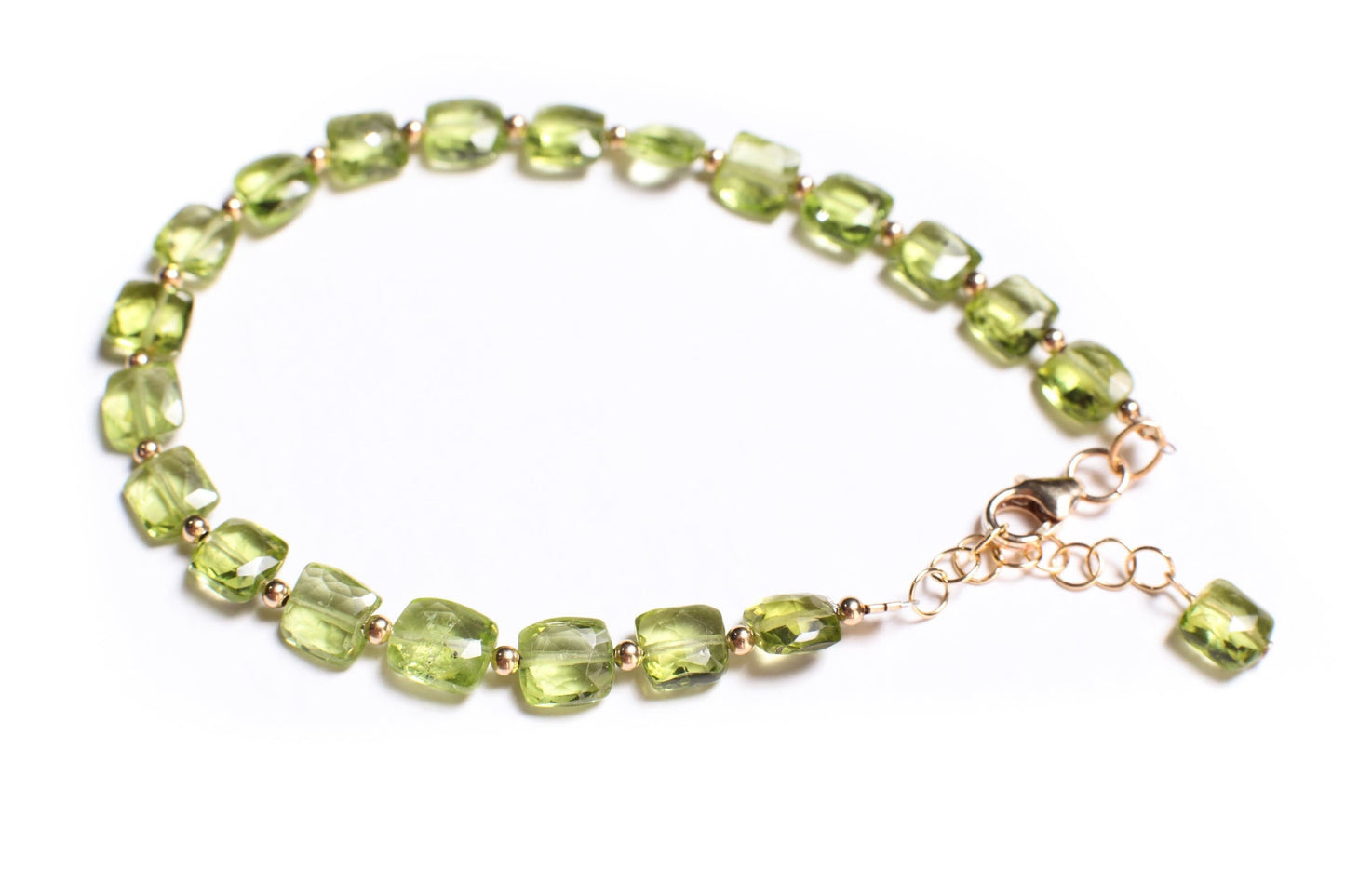 Peridot Faceted 5mm Cushion Shape Gemstone Bracelet in 14K Gold Filled Chain and Clasp, 14k gf 2mm spacer , Elegant Gift , August birthstone