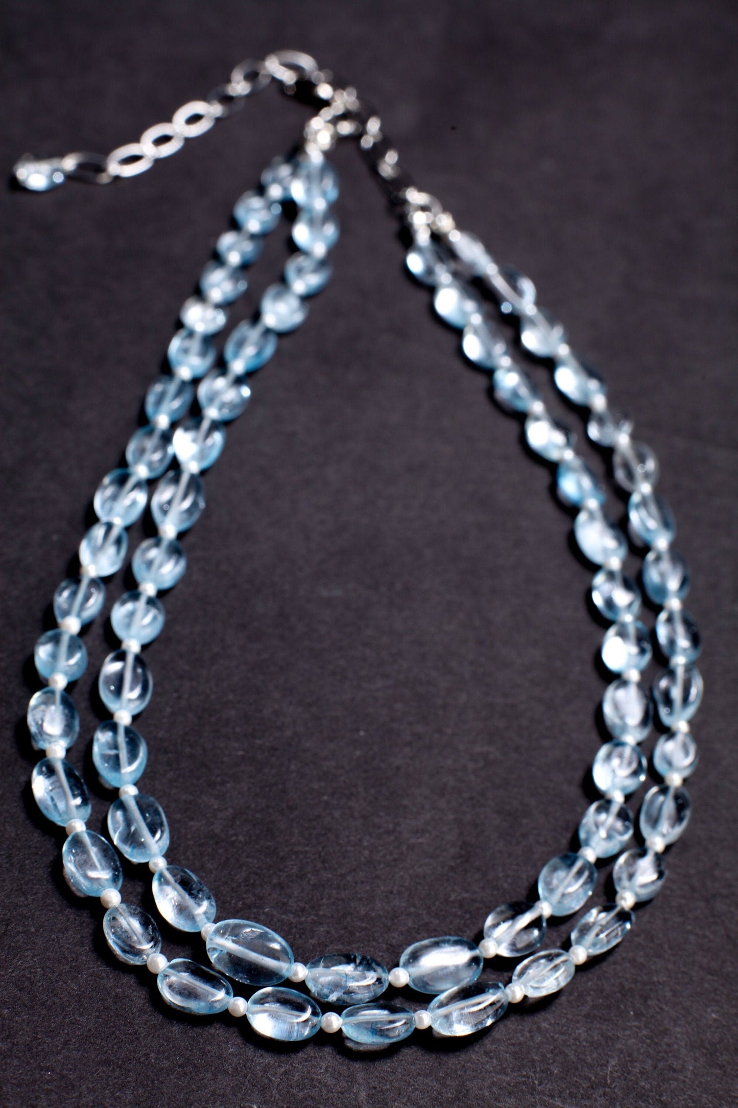 Aqua Blue Quartz Free Form Oval 6x9-7x11mm, 2.5mm Freshwater Pearl Round Spacers 2 Strand Necklace 17.5" with 4.5" Extend to 21". Gift