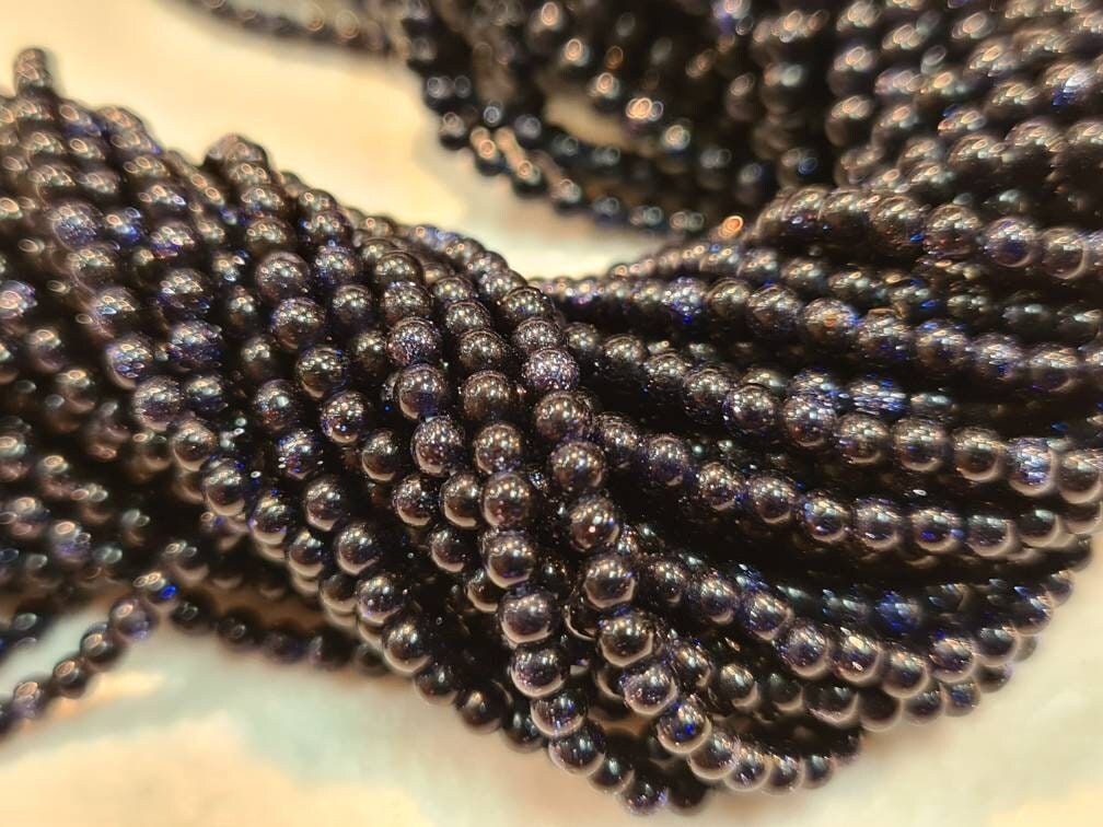 Navy Blue Gold Sandstone 2mm Round Beads, Jewelry Making Round Polished Gemstone Beads, DIY Necklace, Bracelet 16" Strand
