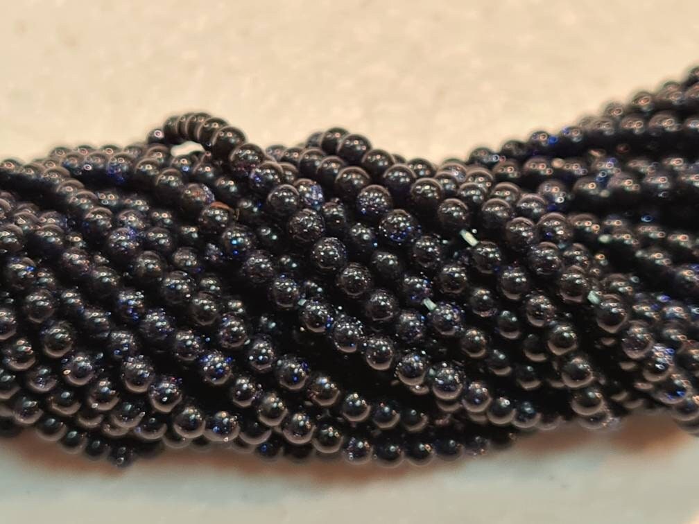 Navy Blue Gold Sandstone 2mm Round Beads, Jewelry Making Round Polished Gemstone Beads, DIY Necklace, Bracelet 16" Strand
